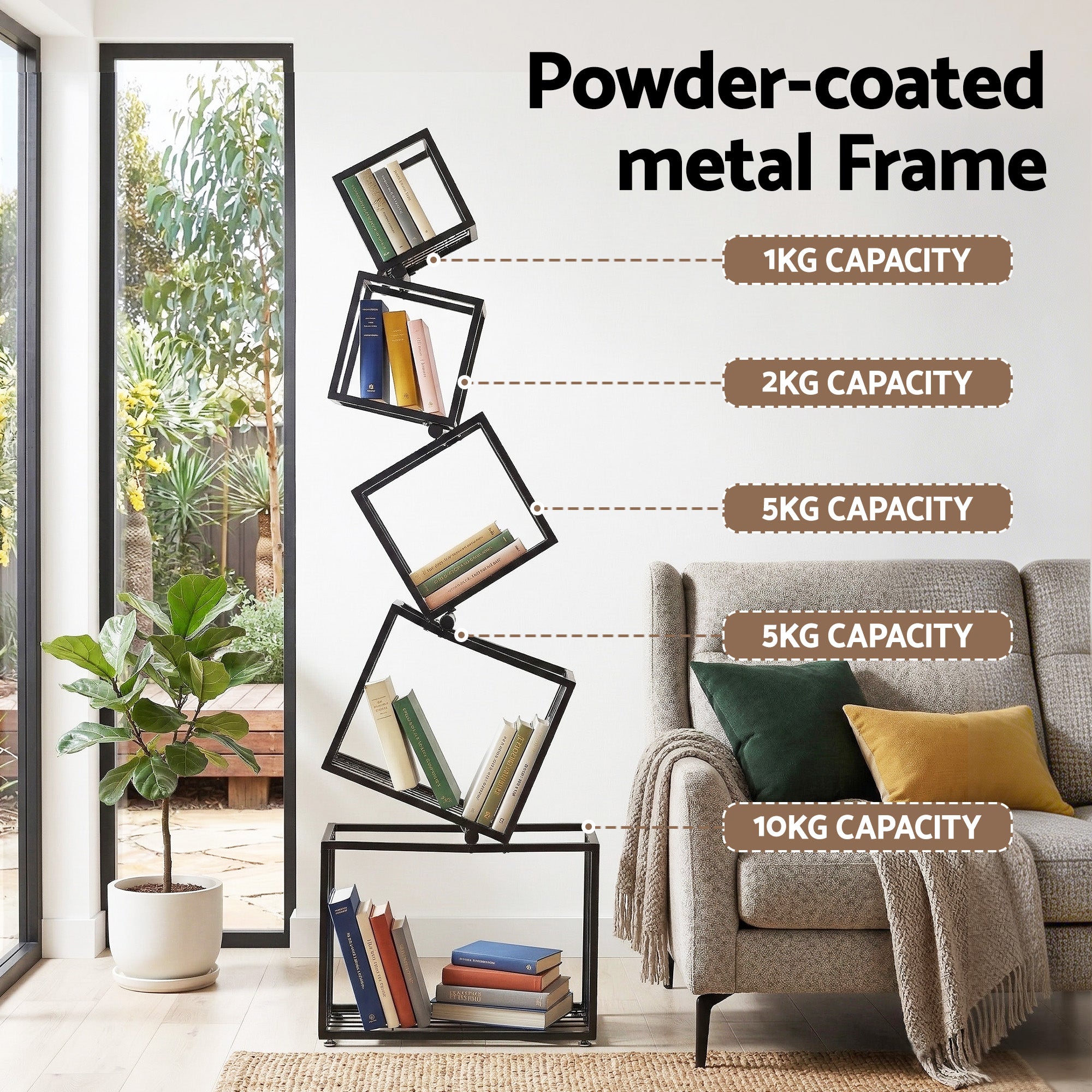 Modern 5-Tier Geometric Bookshelf Metal Display Shelf Black 181cm