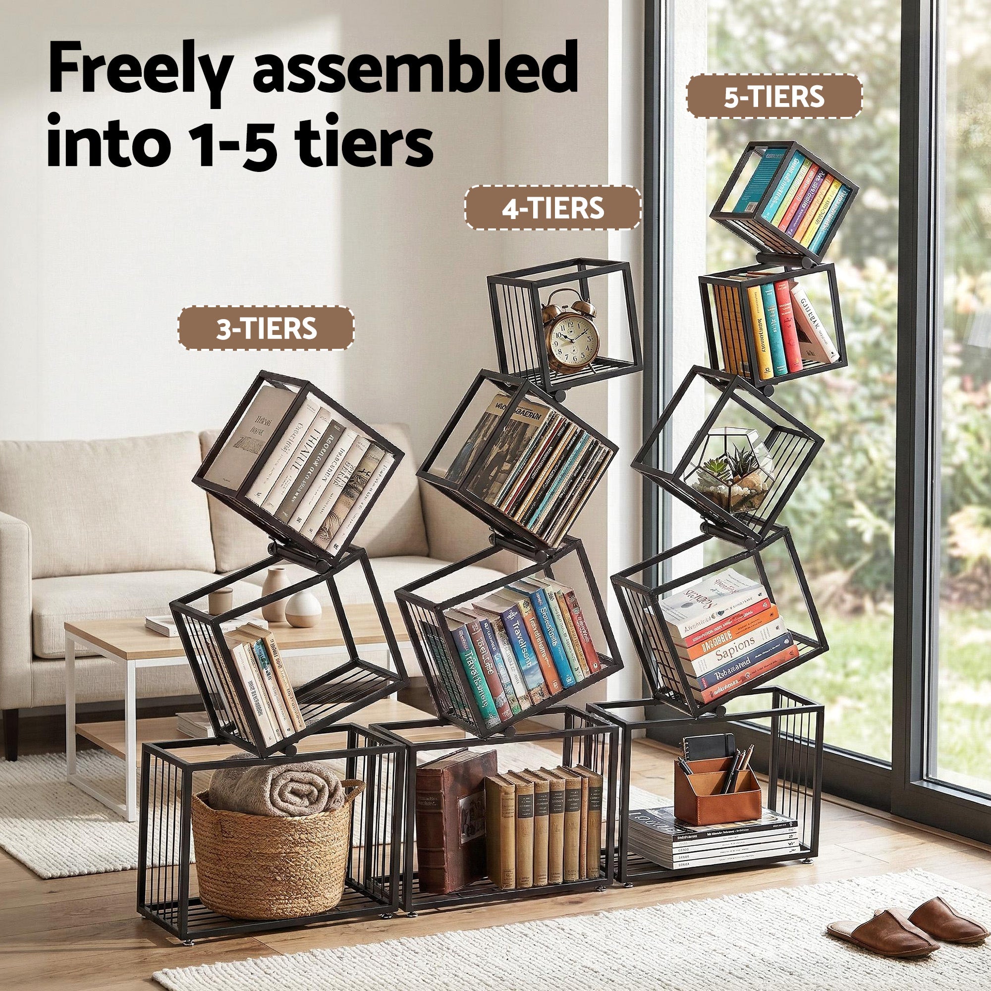 Modern 5-Tier Geometric Bookshelf Metal Display Shelf Black 181cm