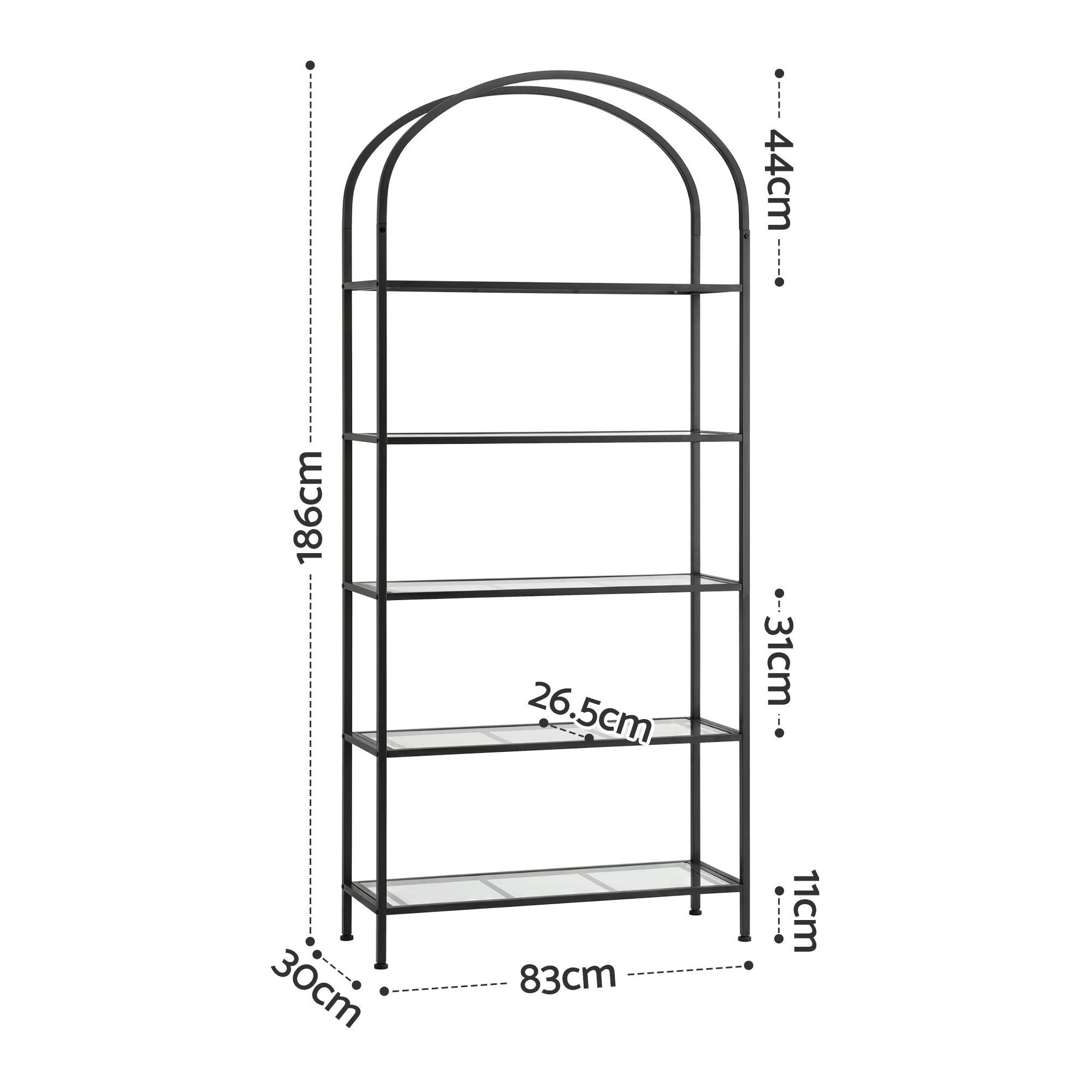 5-Tier Industrial Bookcase Glass Shelves Black | Simpledeals