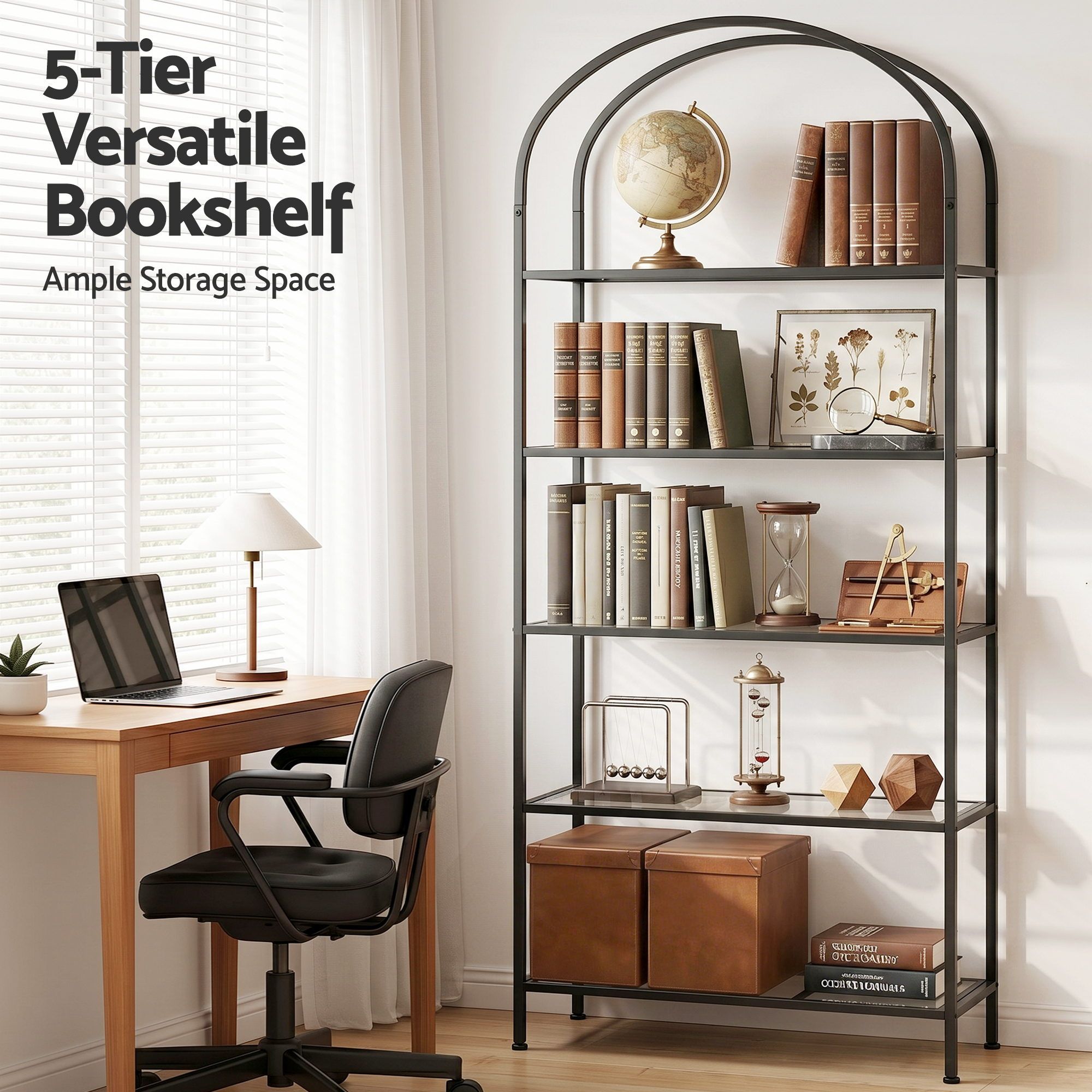 5-Tier Industrial Bookcase Glass Shelves Black | Simpledeals