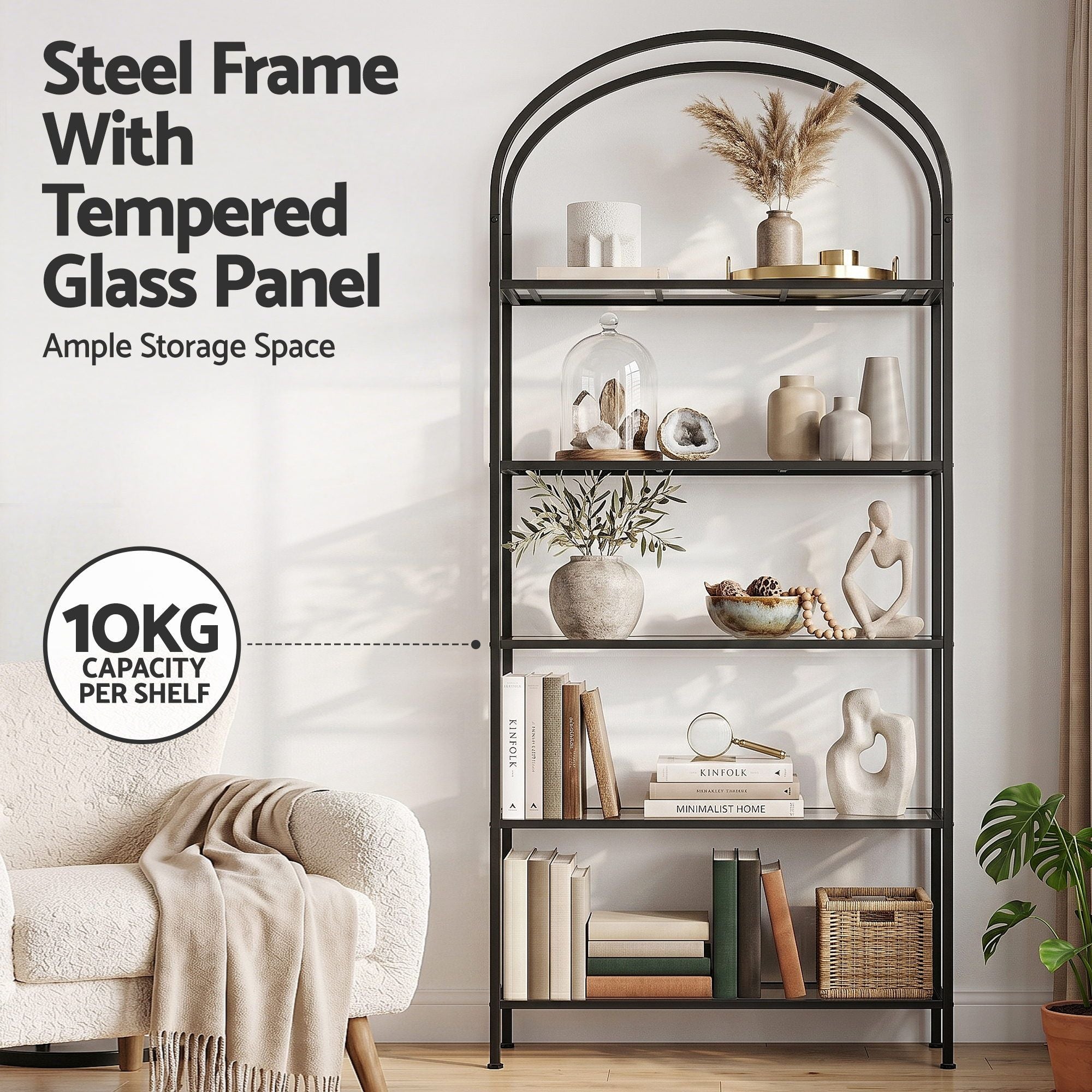 5-Tier Industrial Bookcase Glass Shelves Black | Simpledeals