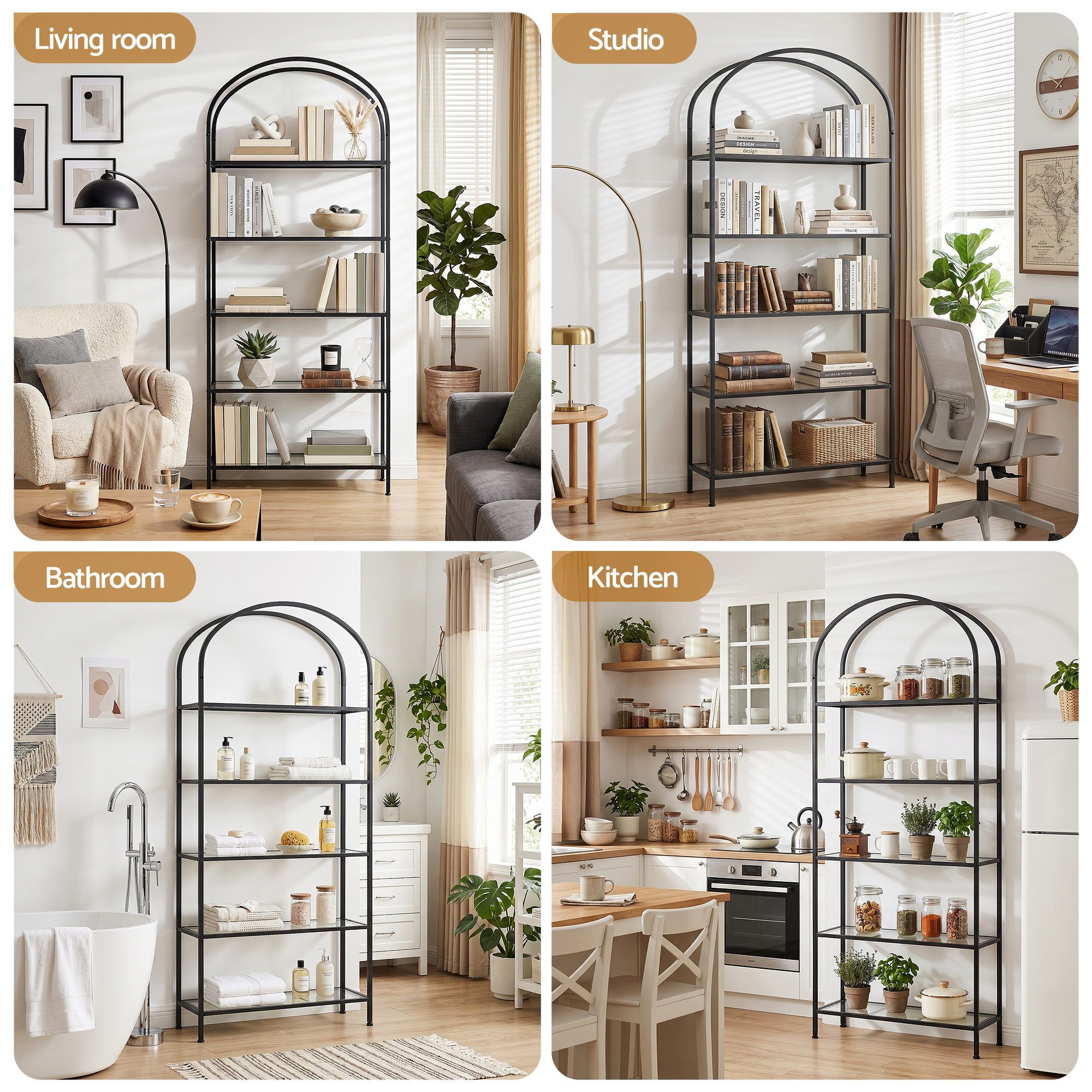 5-Tier Industrial Bookcase Glass Shelves Black | Simpledeals