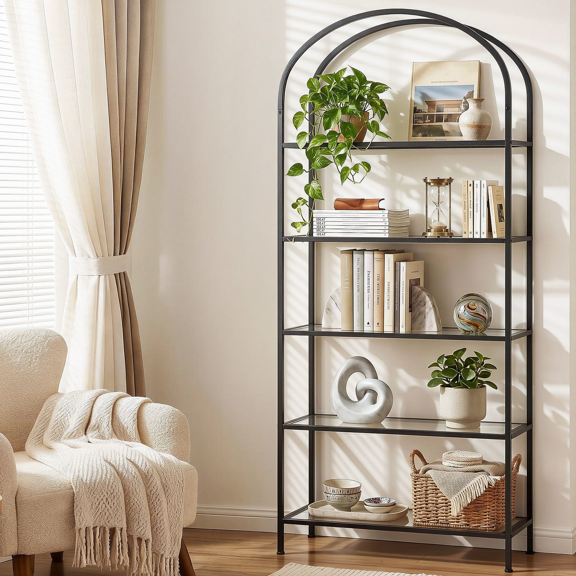 5-Tier Industrial Bookcase Glass Shelves Black | Simpledeals