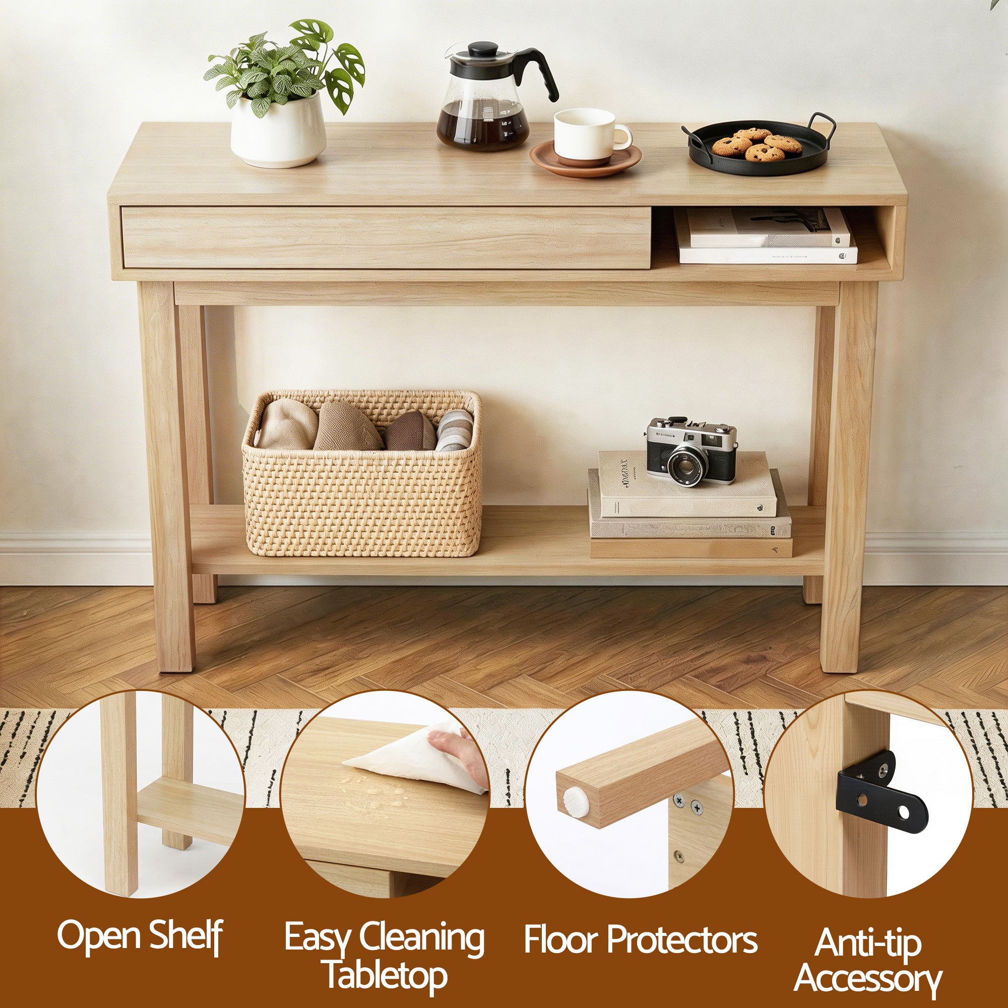 Console Table Hallway Drawer Shelf 100cm Pine | Simpledeals