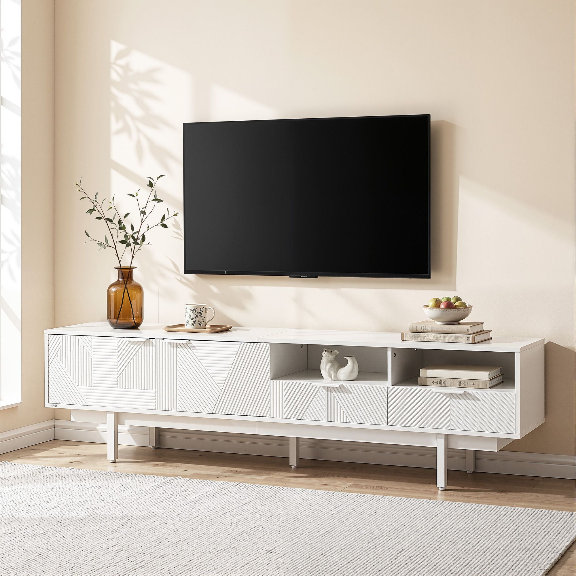 200cm White TV Entertainment Unit Fluted | Simpledeals