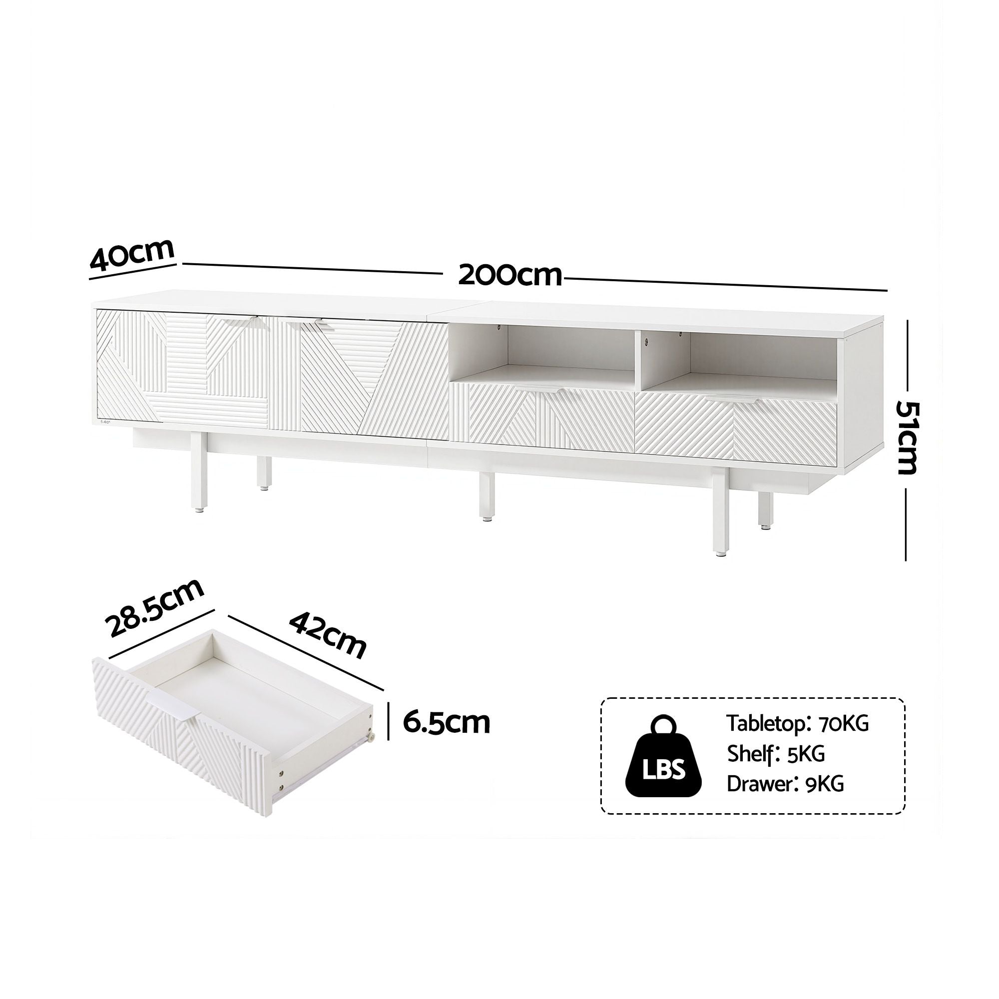 200cm White TV Entertainment Unit Fluted | Simpledeals