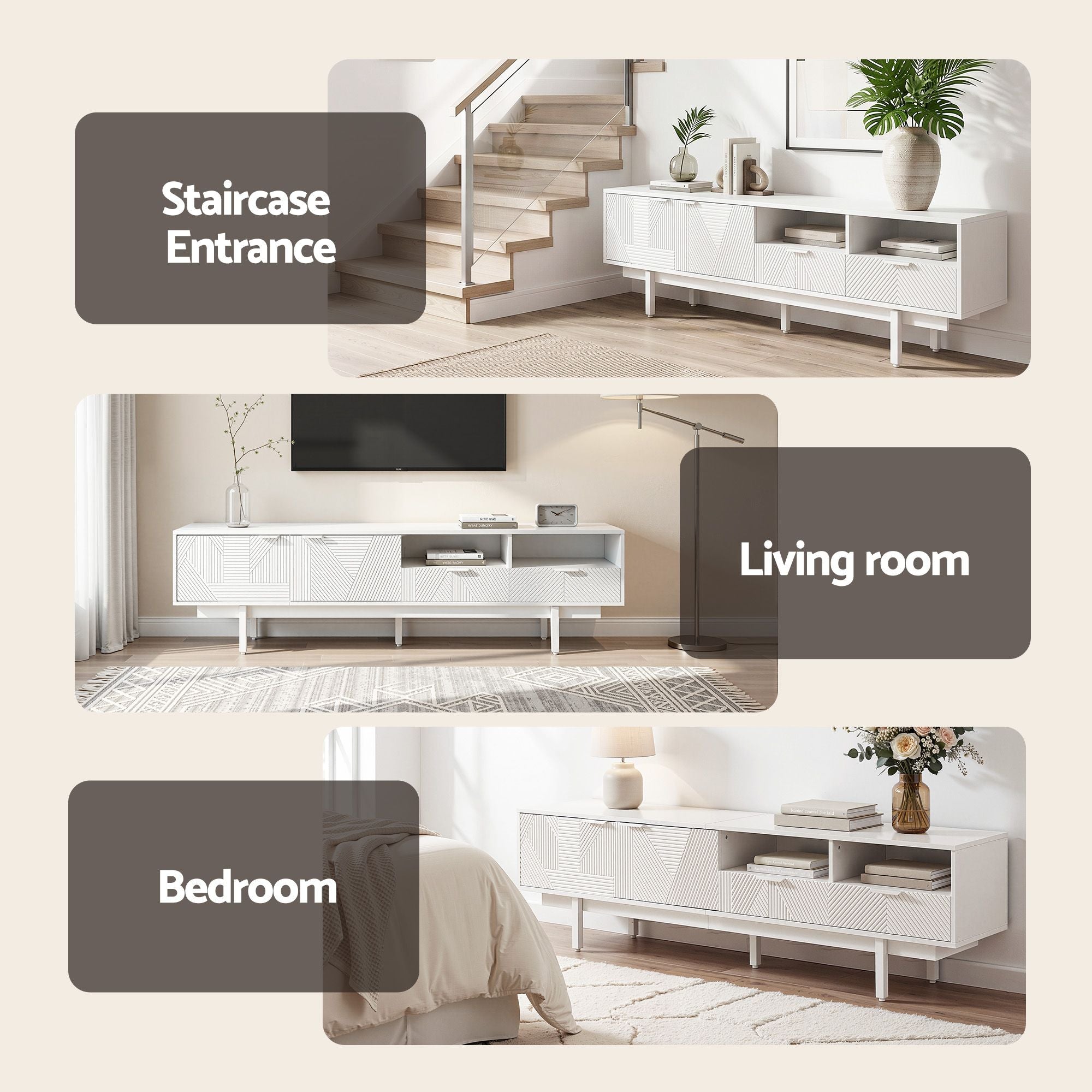 200cm White TV Entertainment Unit Fluted | Simpledeals