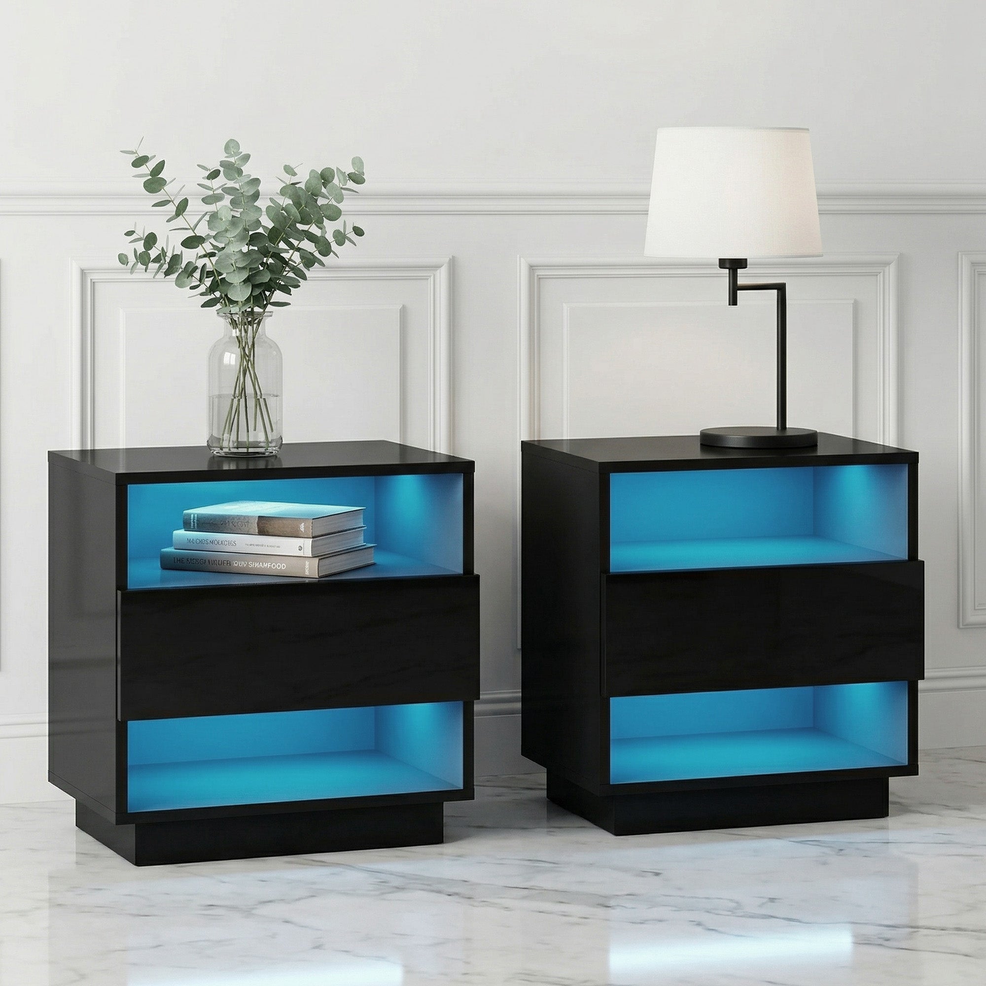 Artiss LED Bedside Tables 2 Shelves Black | Simpledeals