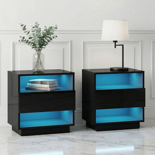 LED Bedside Tables 2 Shelves Black