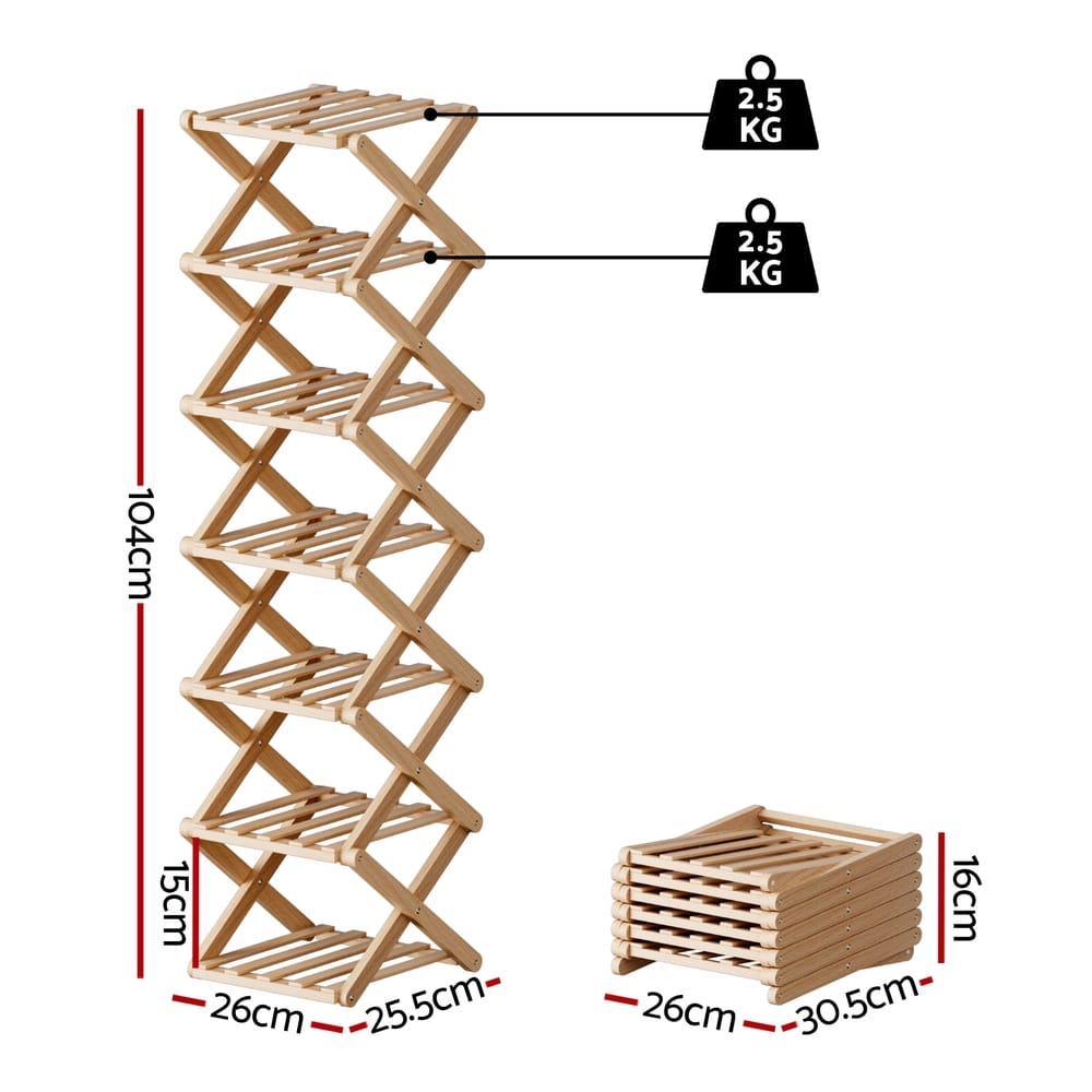 Bamboo 7 Tier Foldable Shoe Rack 26x25.5x104cm