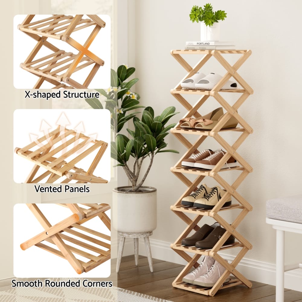 Bamboo 7 Tier Foldable Shoe Rack 26x25.5x104cm