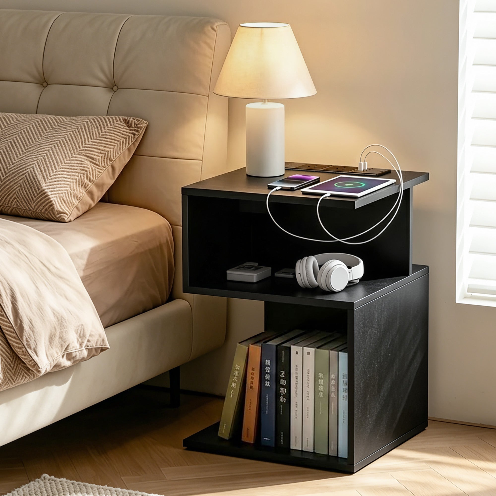 S-Shaped Bedside Table Charging Station Black | Simpledeals