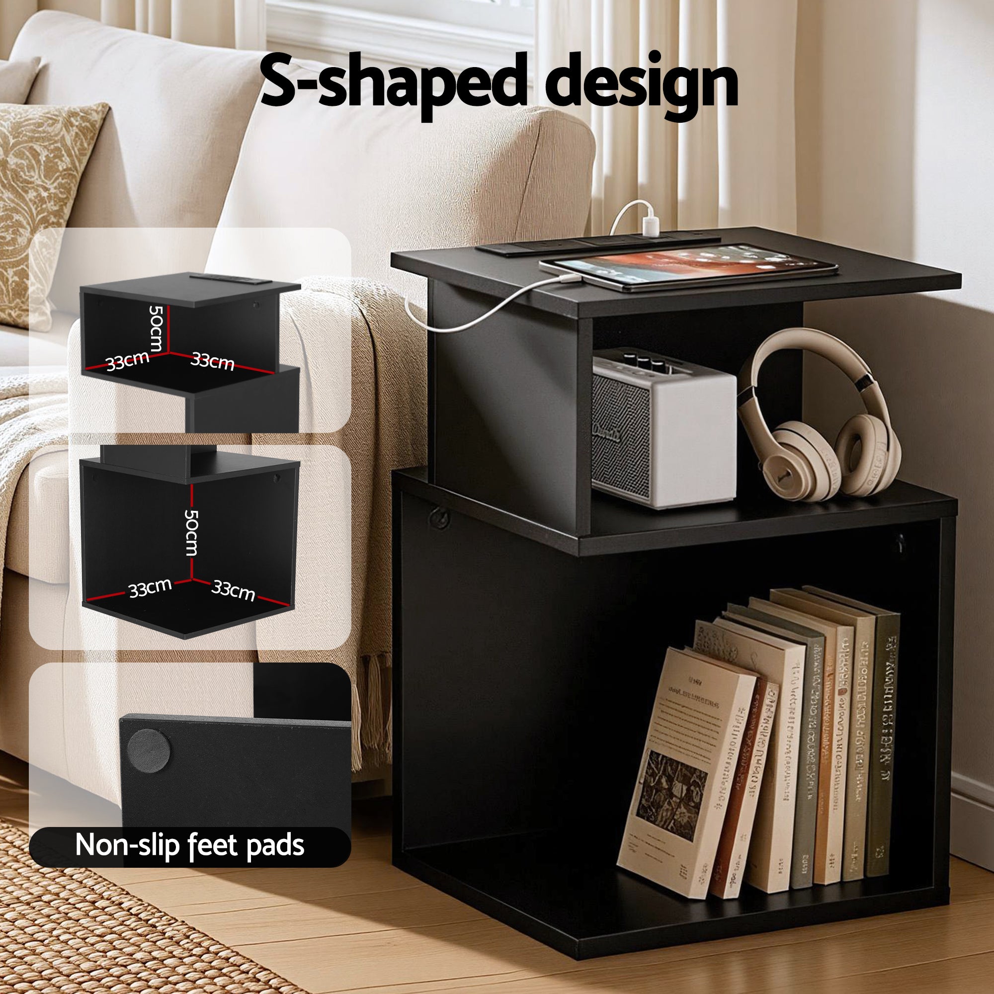 S-Shaped Bedside Table Charging Station Black | Simpledeals