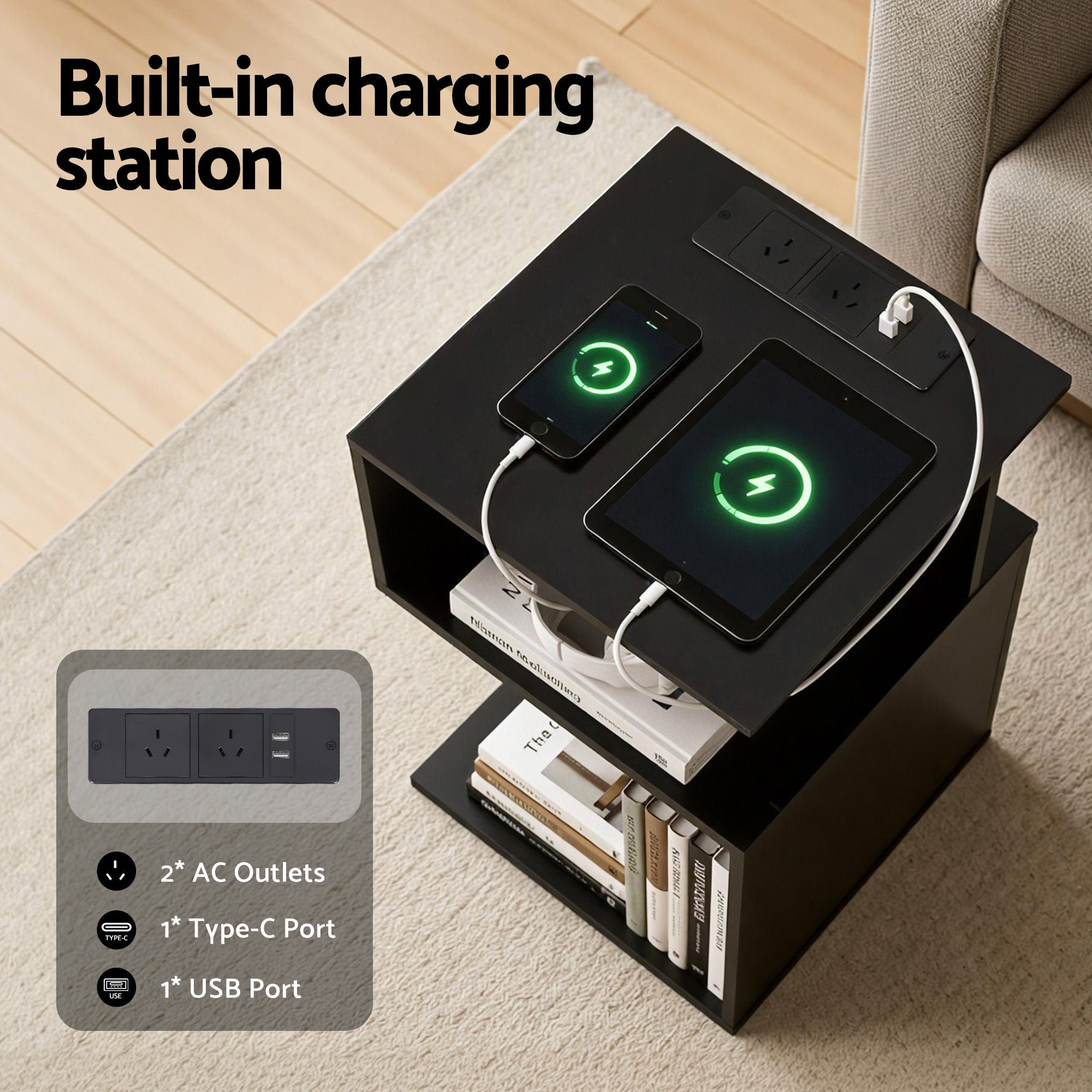 S-Shaped Bedside Table Charging Station Black | Simpledeals