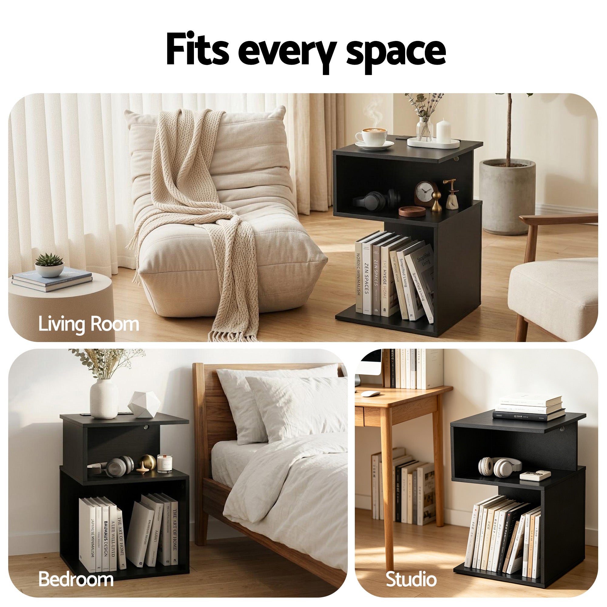 S-Shaped Bedside Table Charging Station Black | Simpledeals