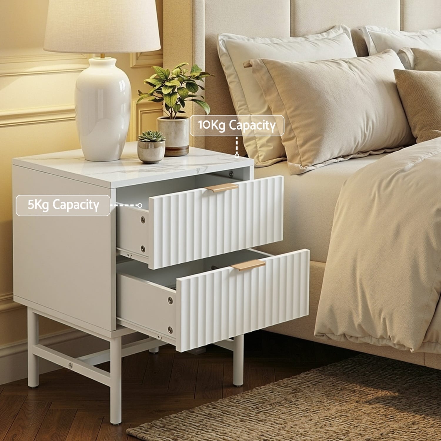 White Bedside Table 2 Drawers 43.5x39x55cm