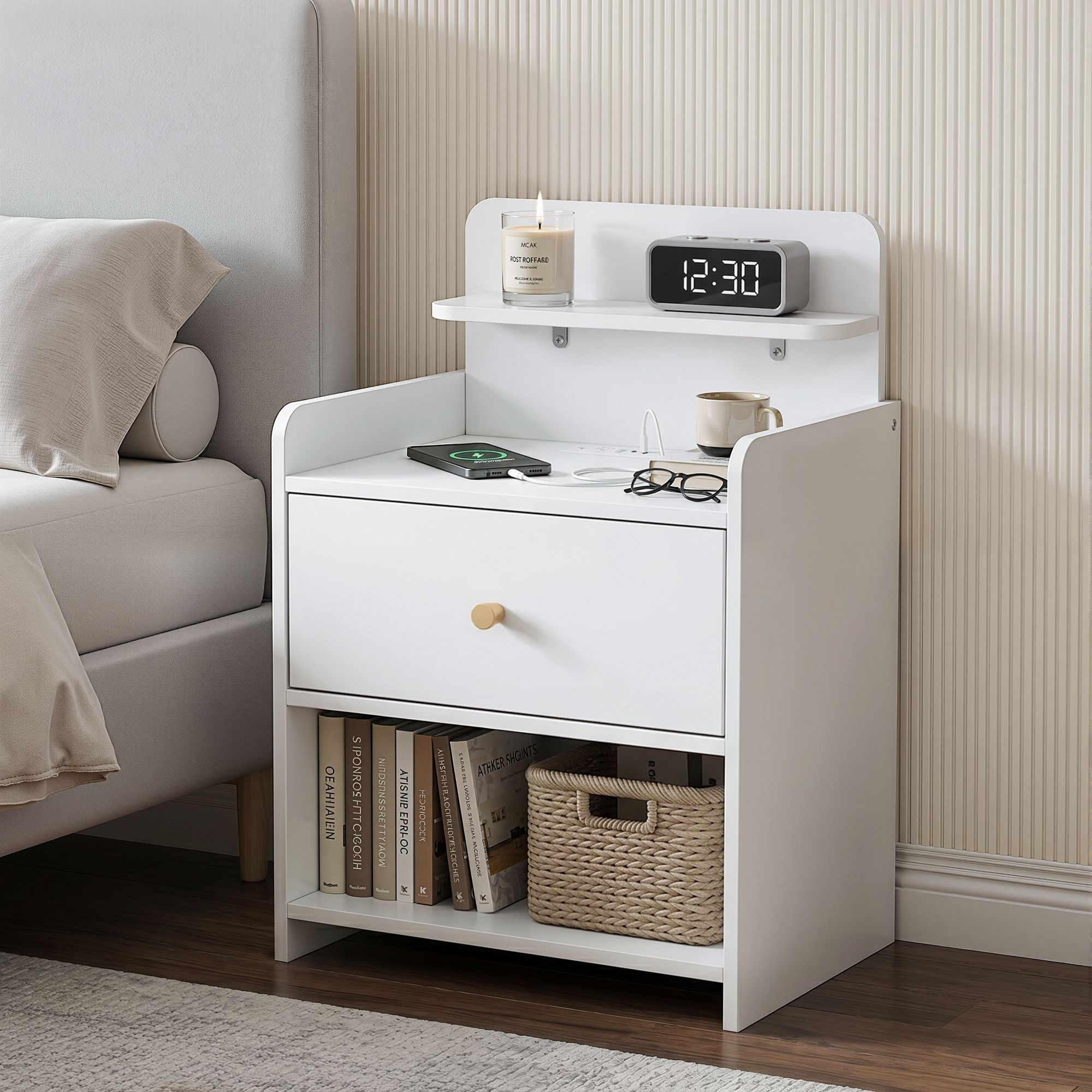 Bedside Table Charging Station Drawer White | Simpledeals