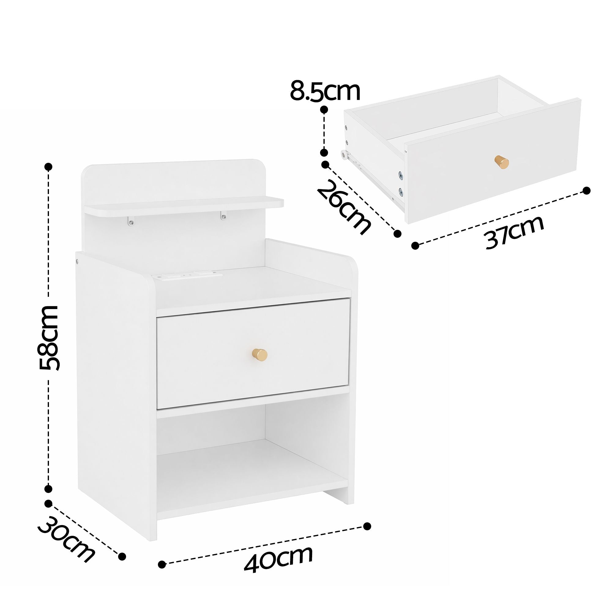Bedside Table Charging Station Drawer White | Simpledeals