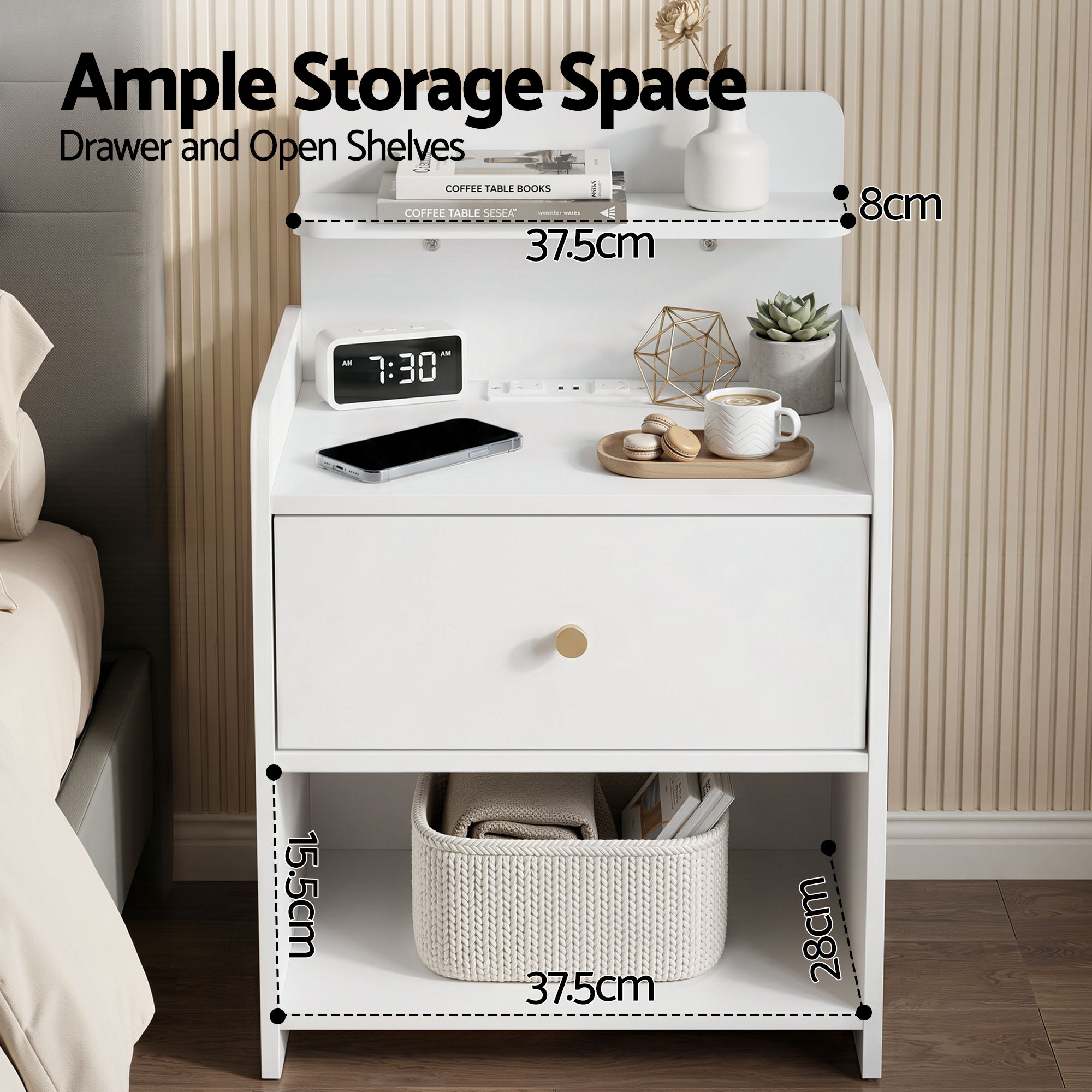 Bedside Table Charging Station Drawer White | Simpledeals