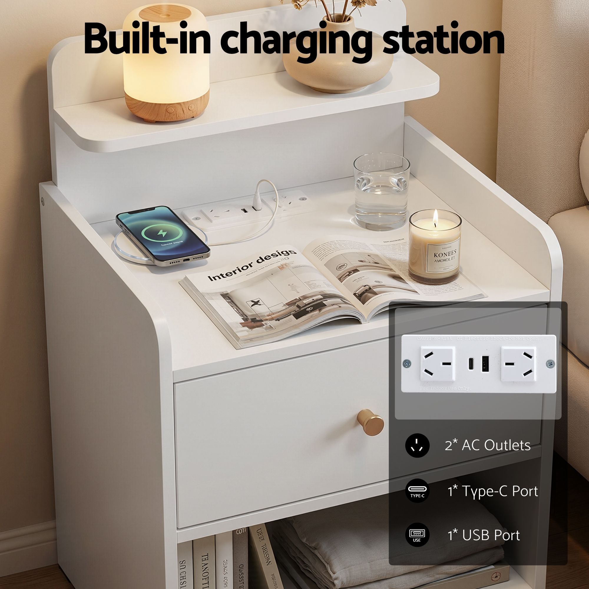Bedside Table Charging Station Drawer White | Simpledeals
