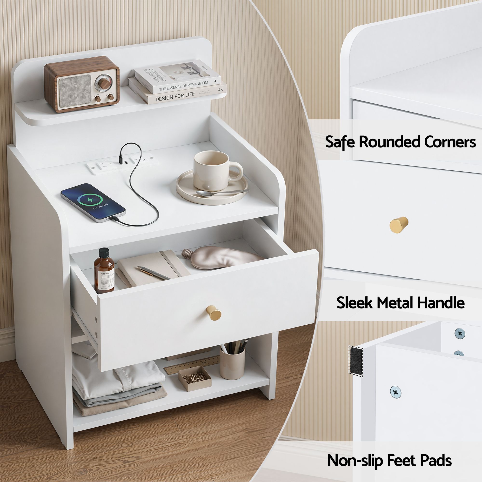 Bedside Table Charging Station Drawer White | Simpledeals