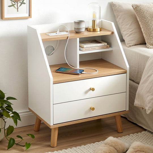 Bedside Table 2 Drawers Charging Station - Bedside Tables