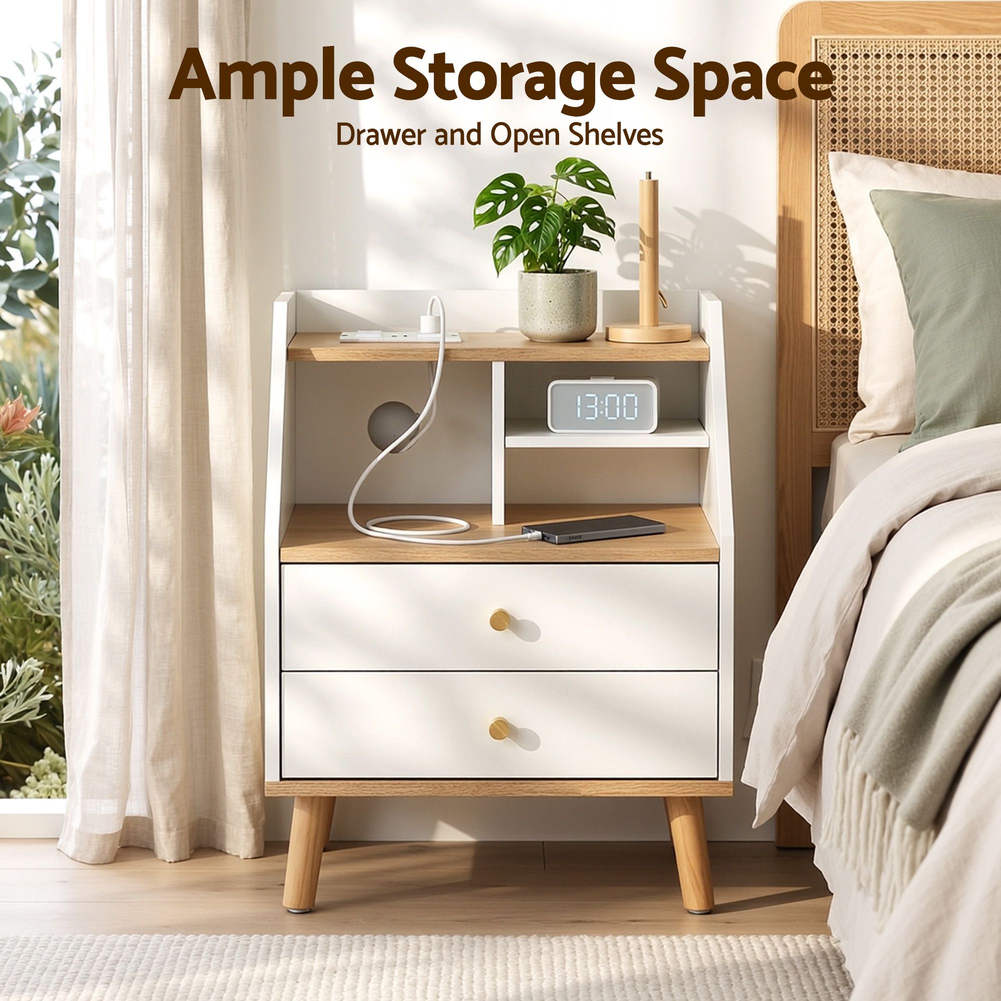 Bedside Table 2 Drawers Charging Station | Simpledeals