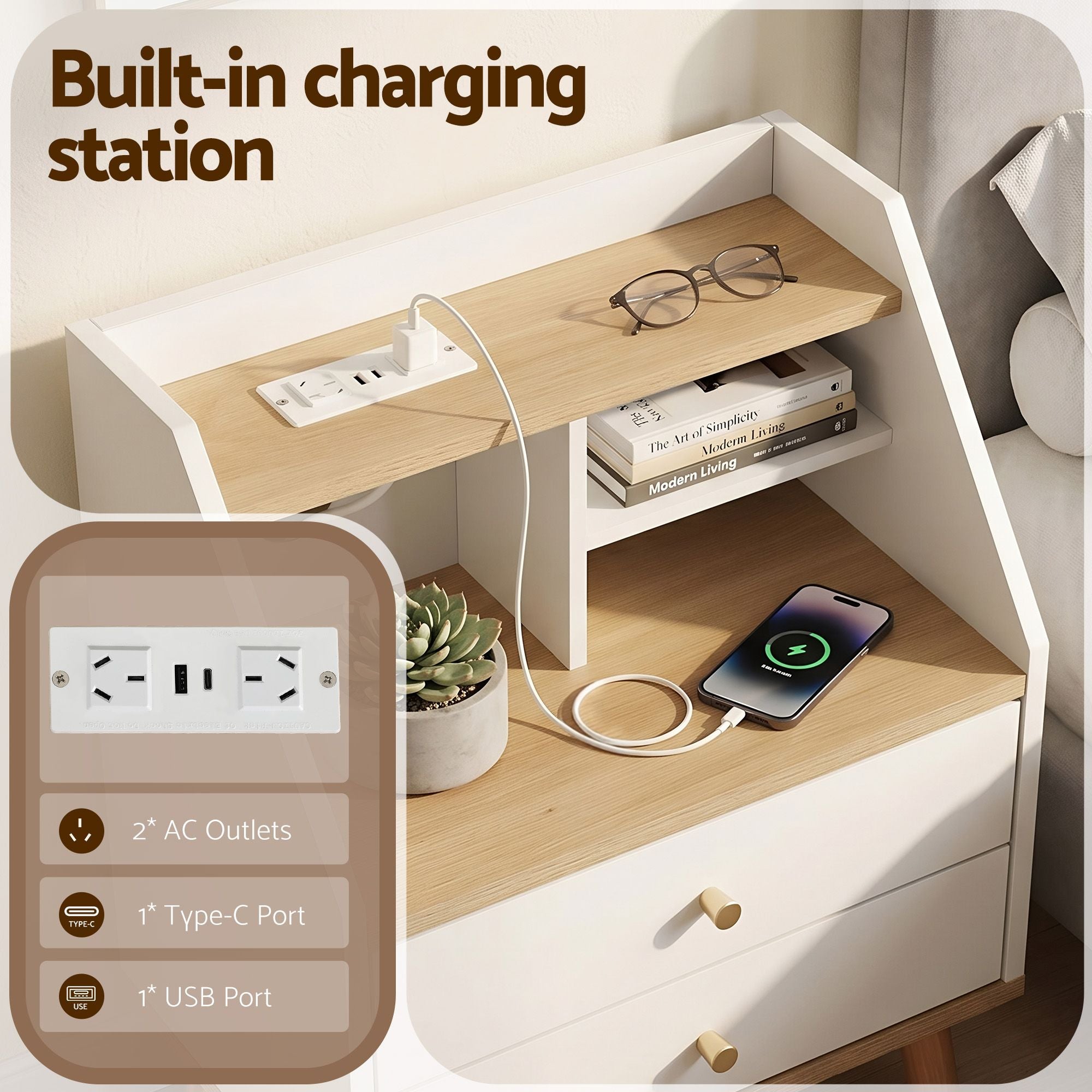 Bedside Table 2 Drawers Charging Station | Simpledeals
