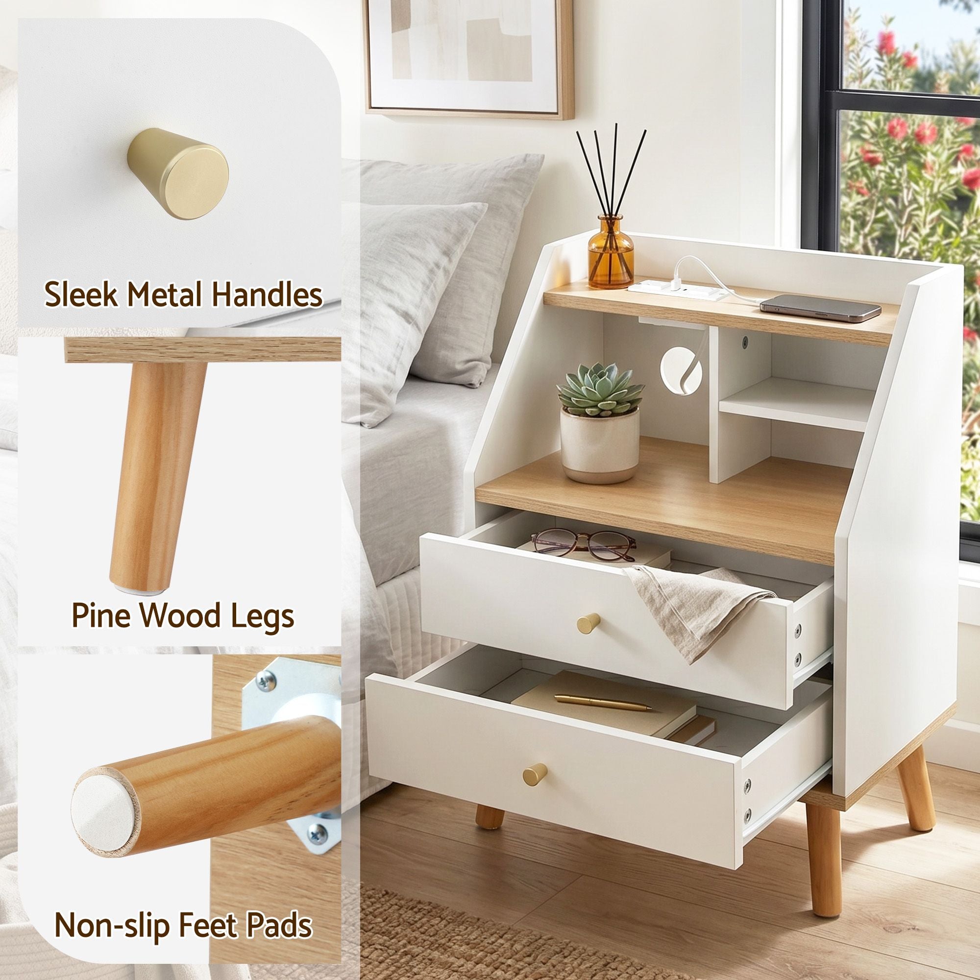 Bedside Table 2 Drawers Charging Station | Simpledeals