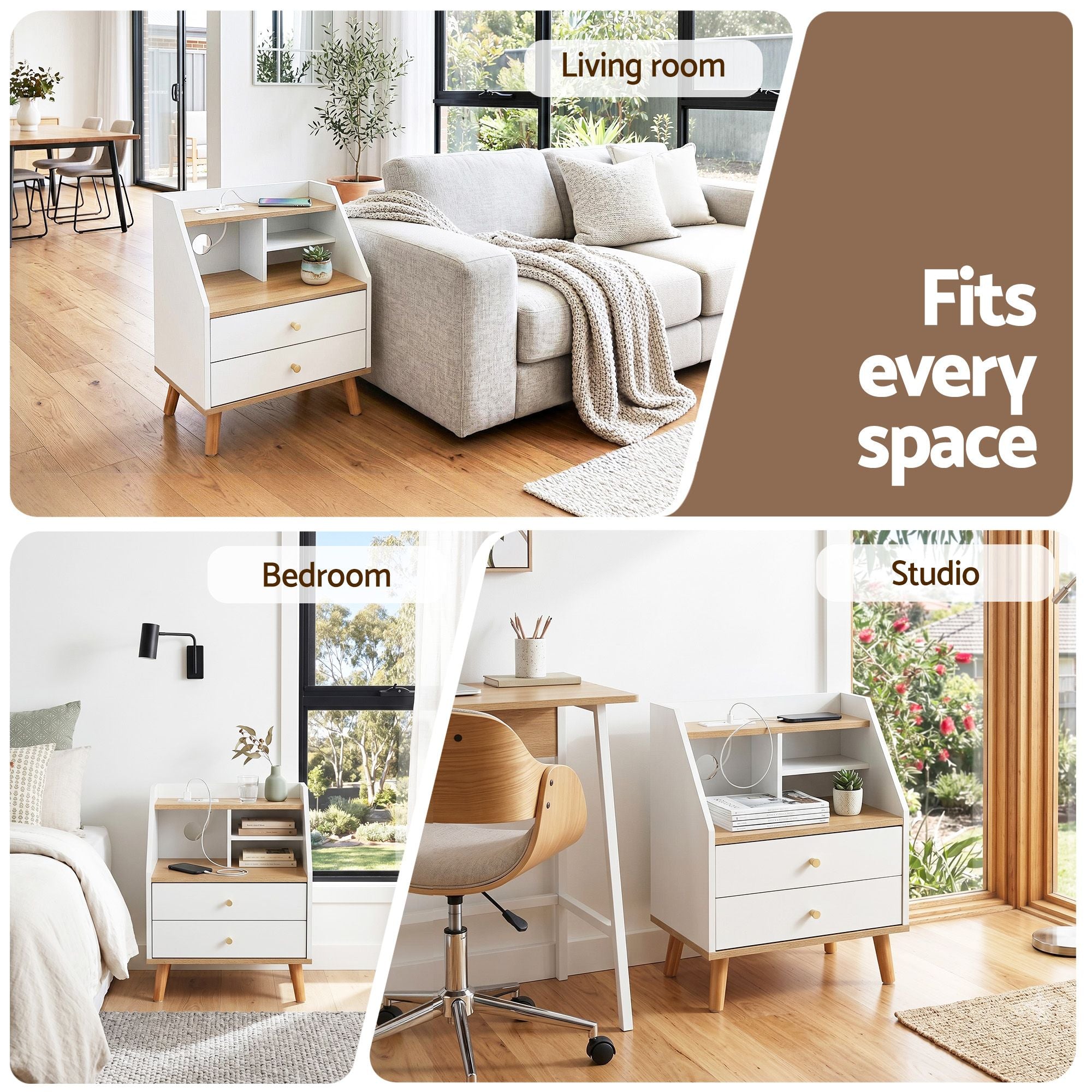 Bedside Table 2 Drawers Charging Station | Simpledeals