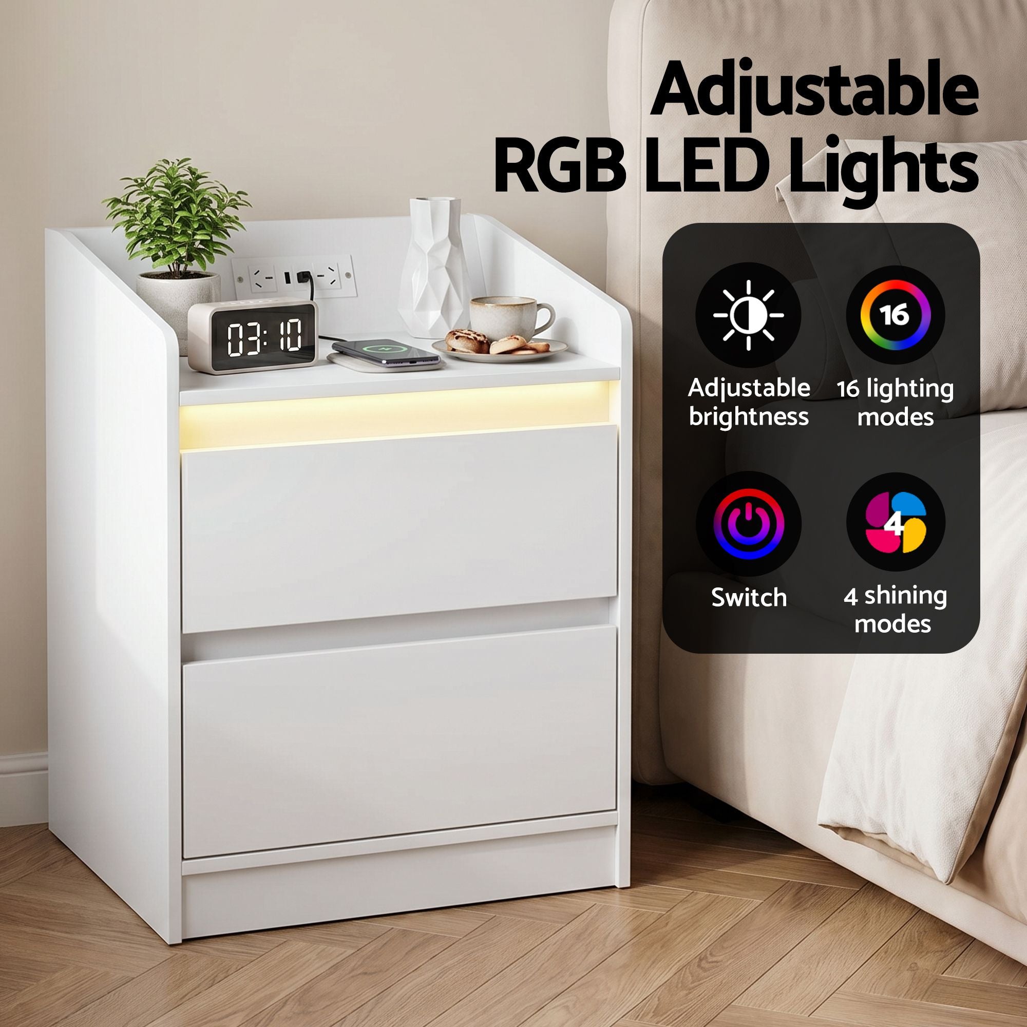 Bedside Table Charging Station 2 Drawers LED | Simpledeals
