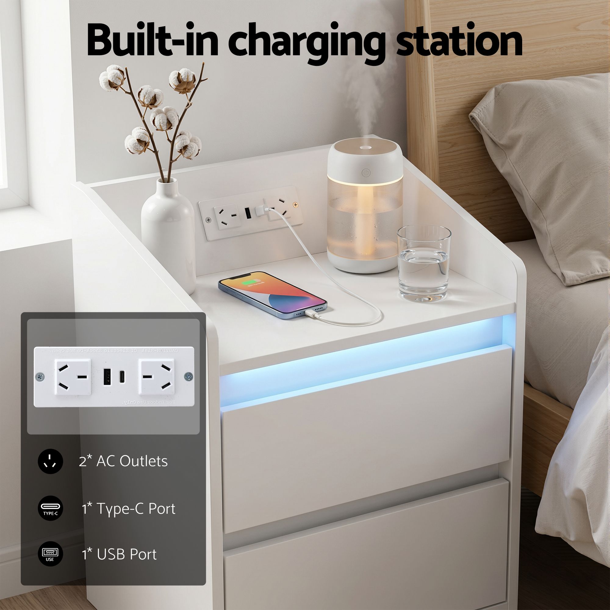 Bedside Table Charging Station 2 Drawers LED | Simpledeals