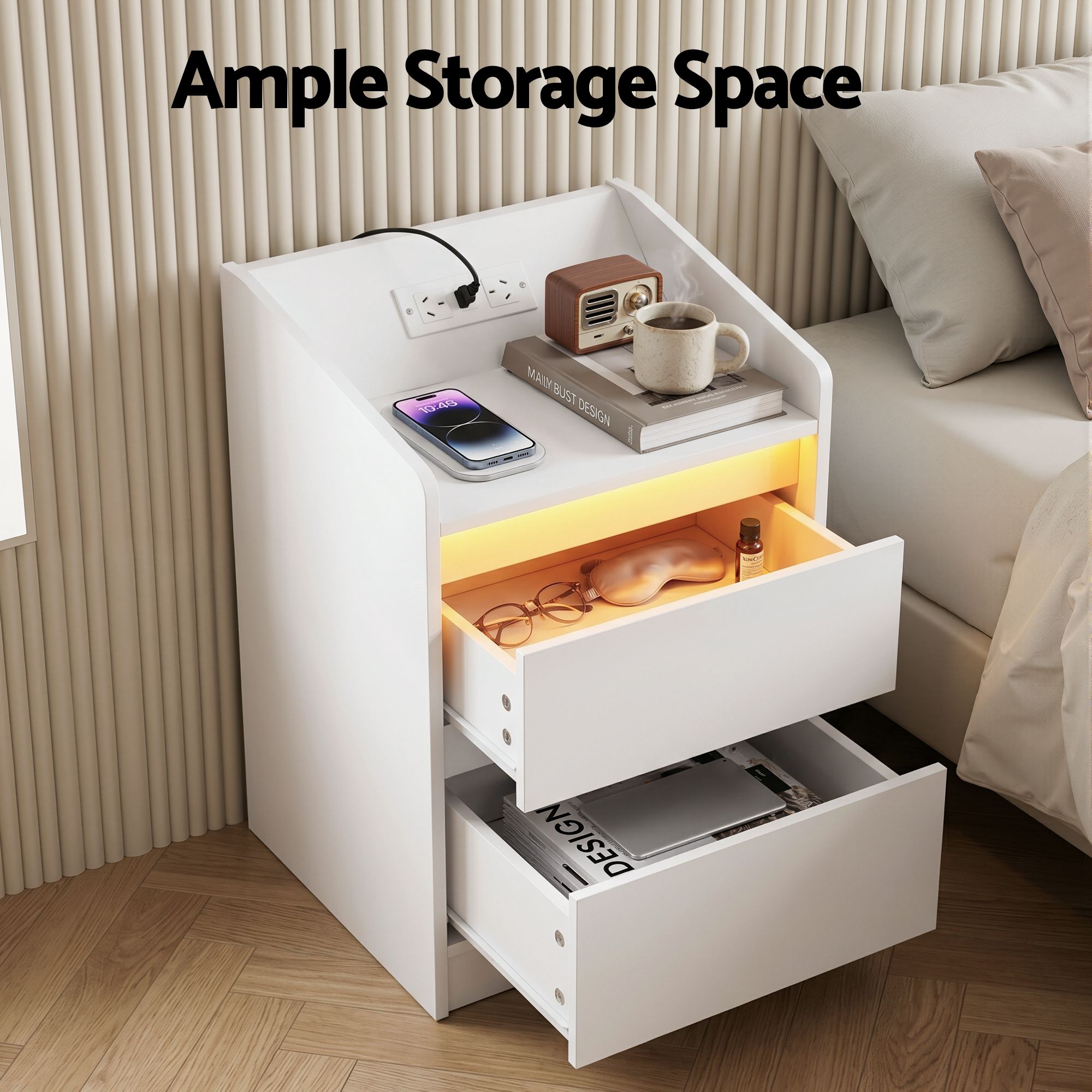 Bedside Table Charging Station 2 Drawers LED | Simpledeals