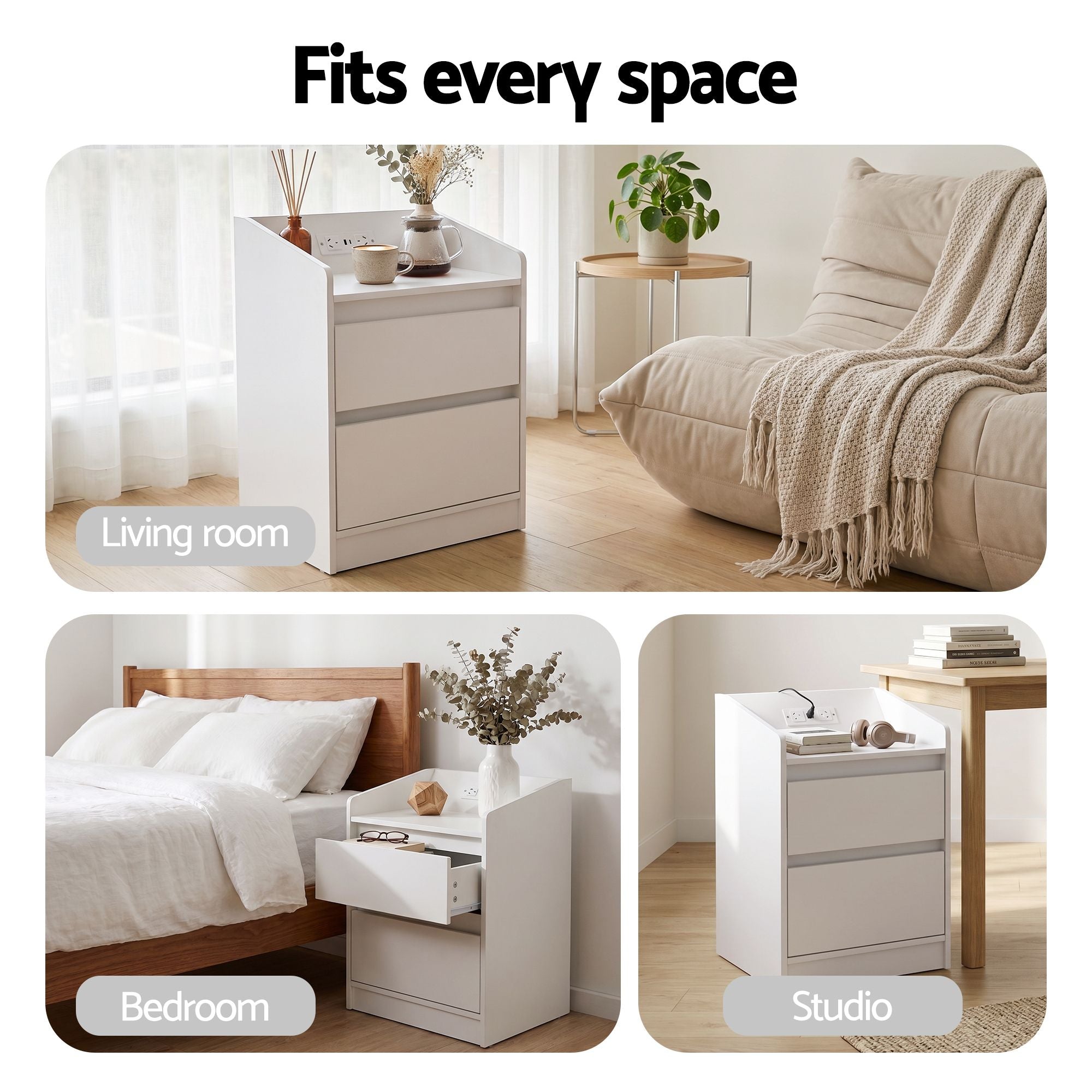 Bedside Table Charging Station 2 Drawers LED | Simpledeals
