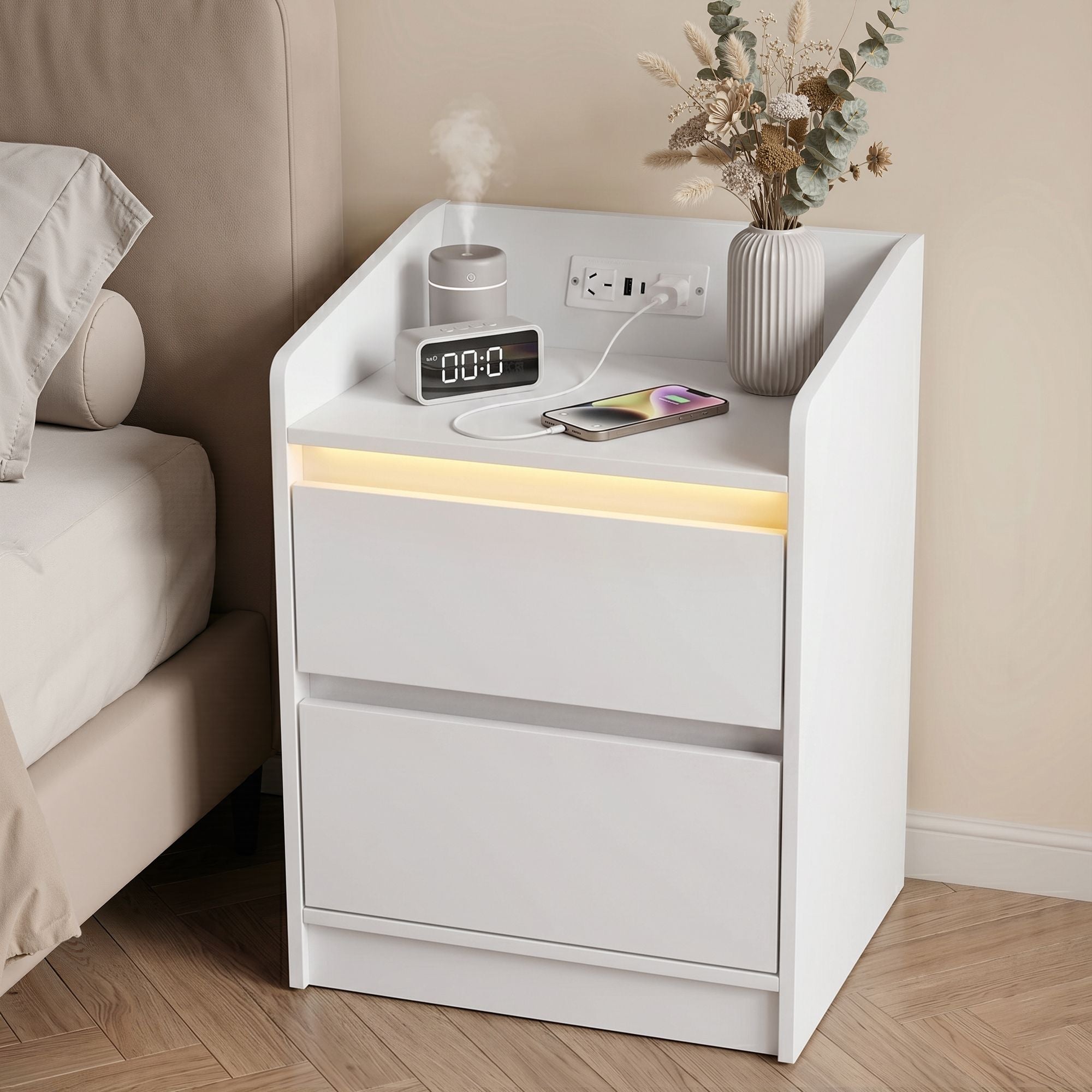 Bedside Table Charging Station 2 Drawers LED | Simpledeals
