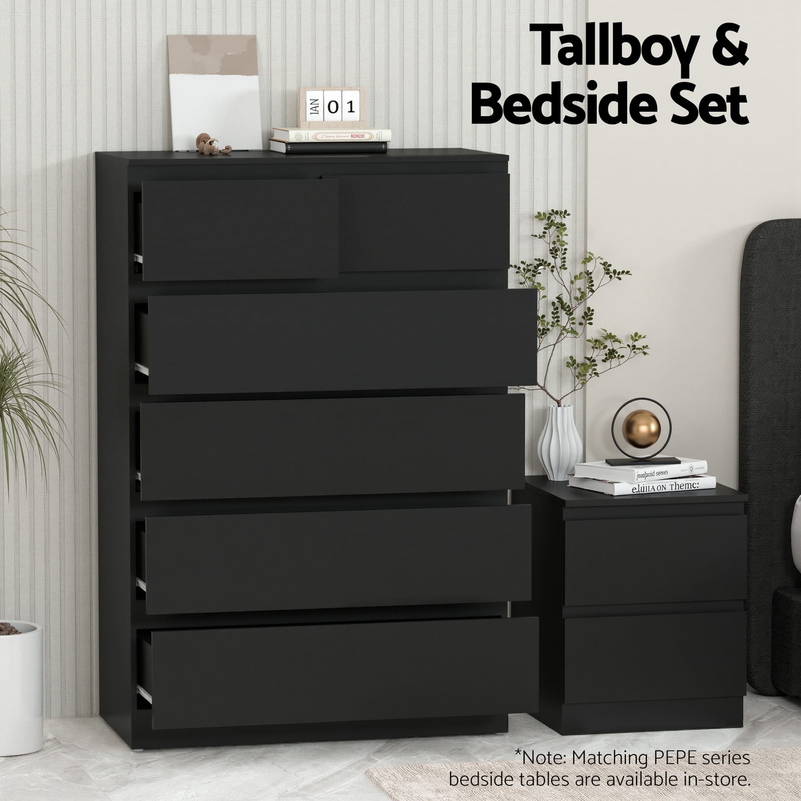 Tall Chest Of Drawers Black 80x40x121cm
