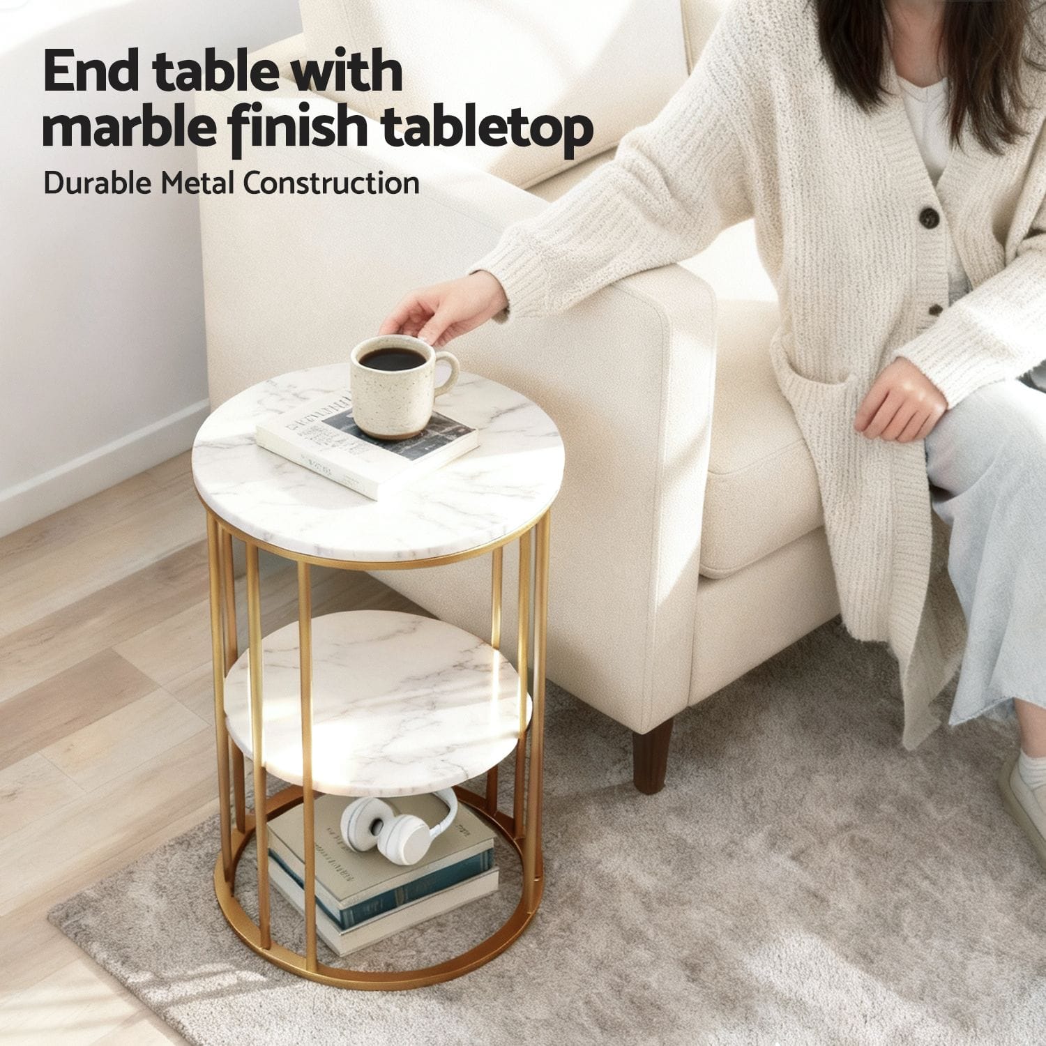 Round Marble Side Table Set 40x54cm