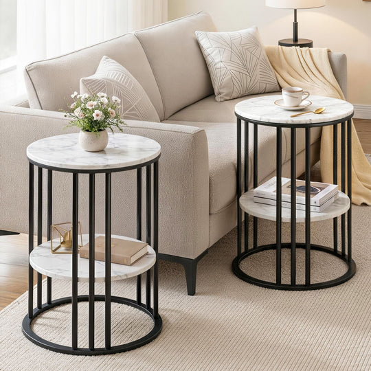 Marble Effect Side Tables Set of 2 Round 2-Tier
