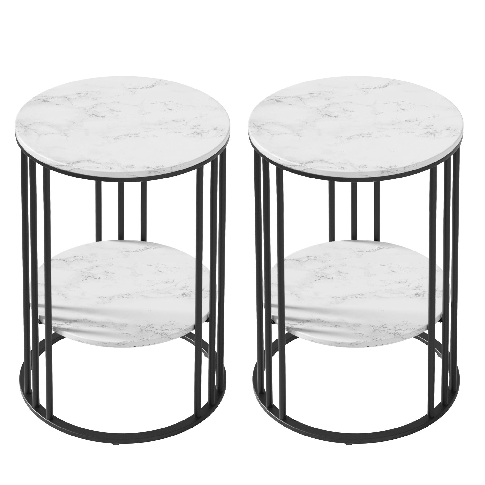 Marble Effect Side Tables Set of 2 Round 2-Tier | Simpledeals