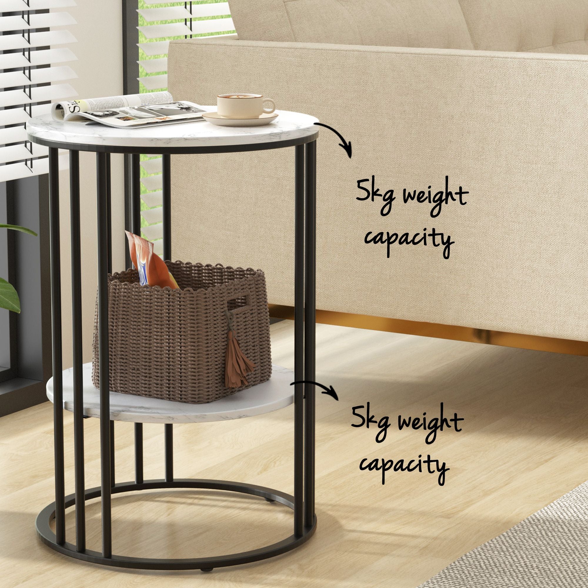 Marble Effect Side Tables Set of 2 Round 2-Tier | Simpledeals
