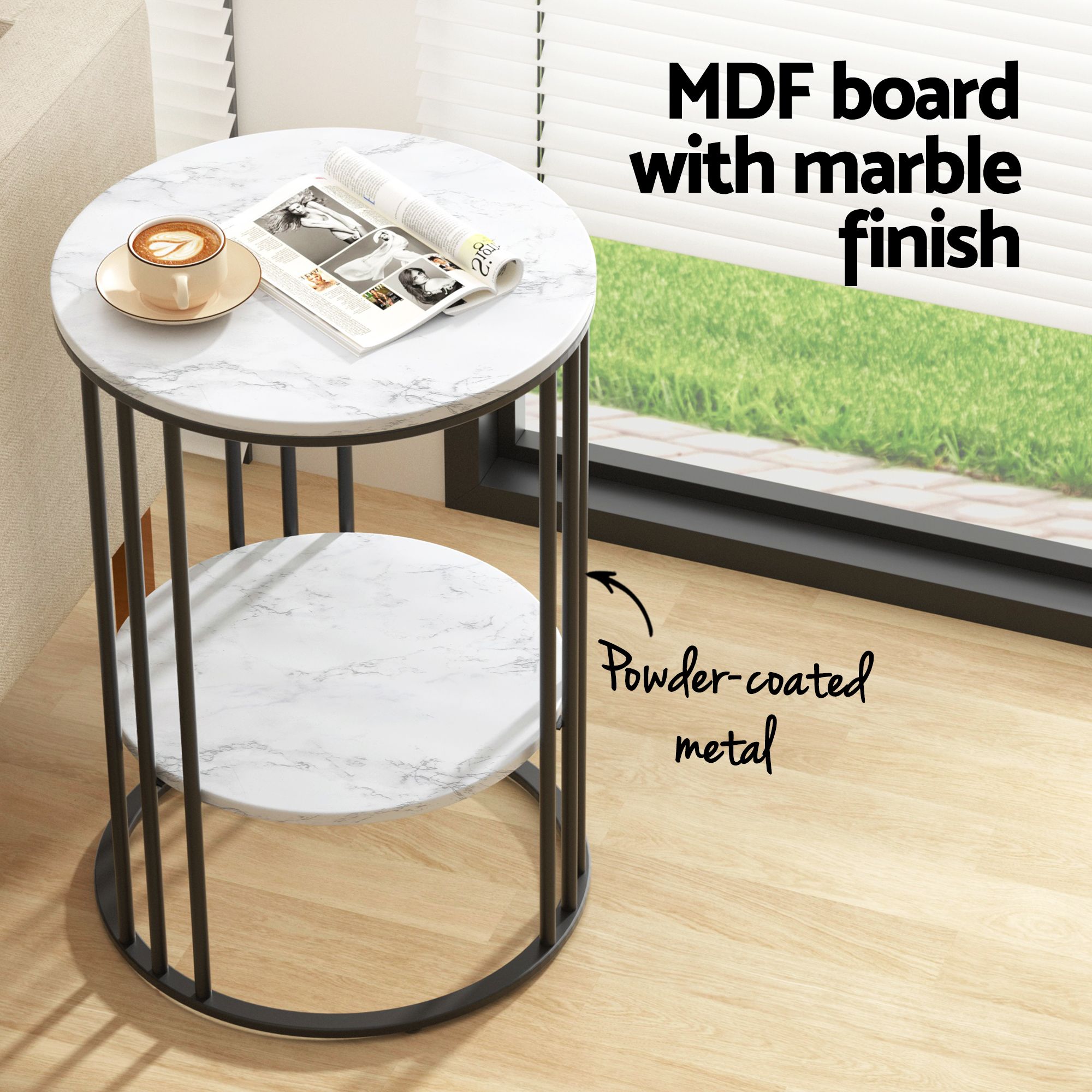 Marble Effect Side Tables Set of 2 Round 2-Tier | Simpledeals