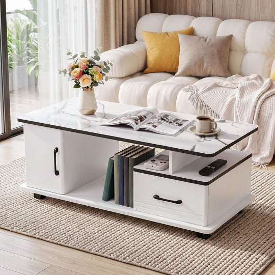 Marble Coffee Table Storage Drawer Cabinet - Coffee Tables