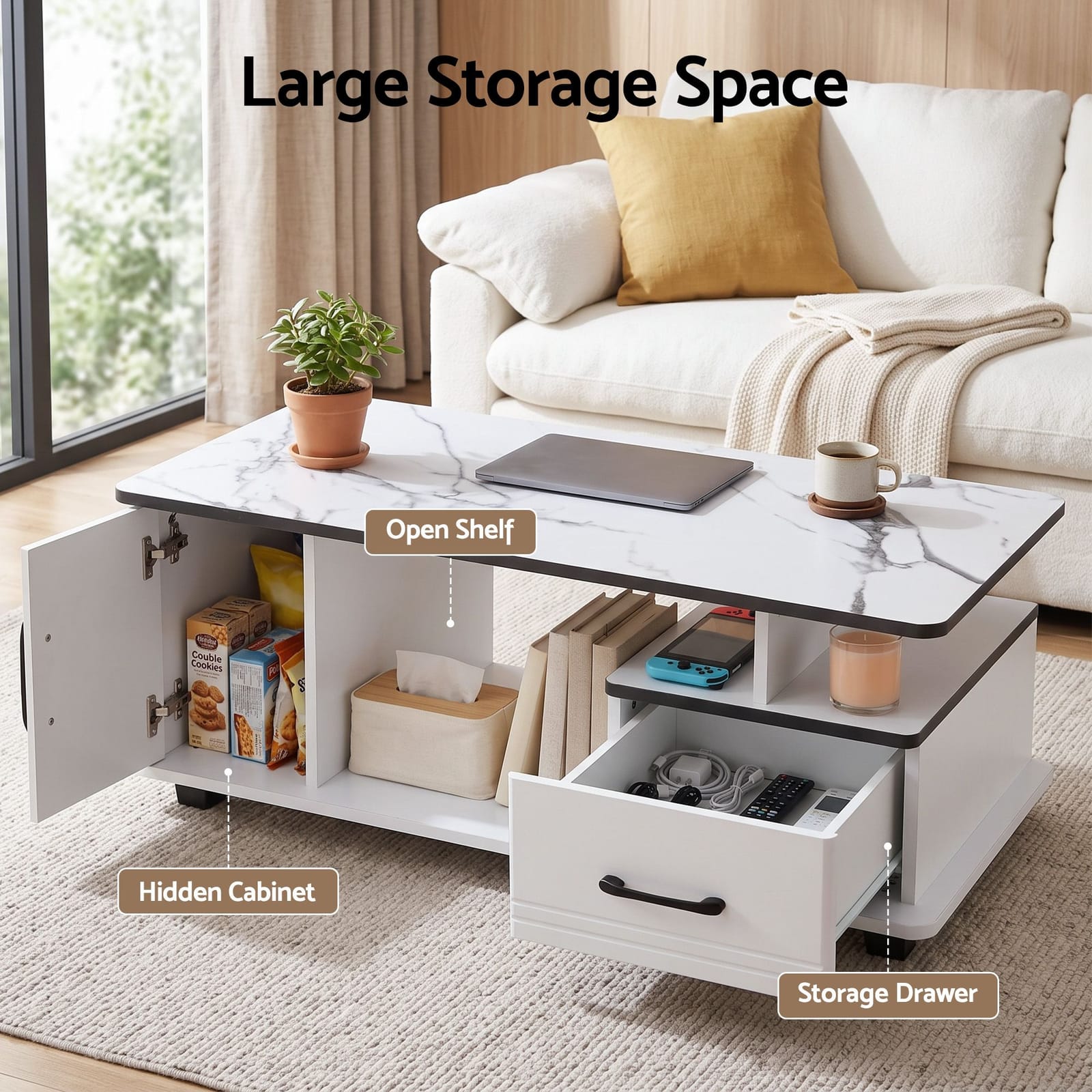 Marble Coffee Table Storage Drawer Cabinet | Simpledeals