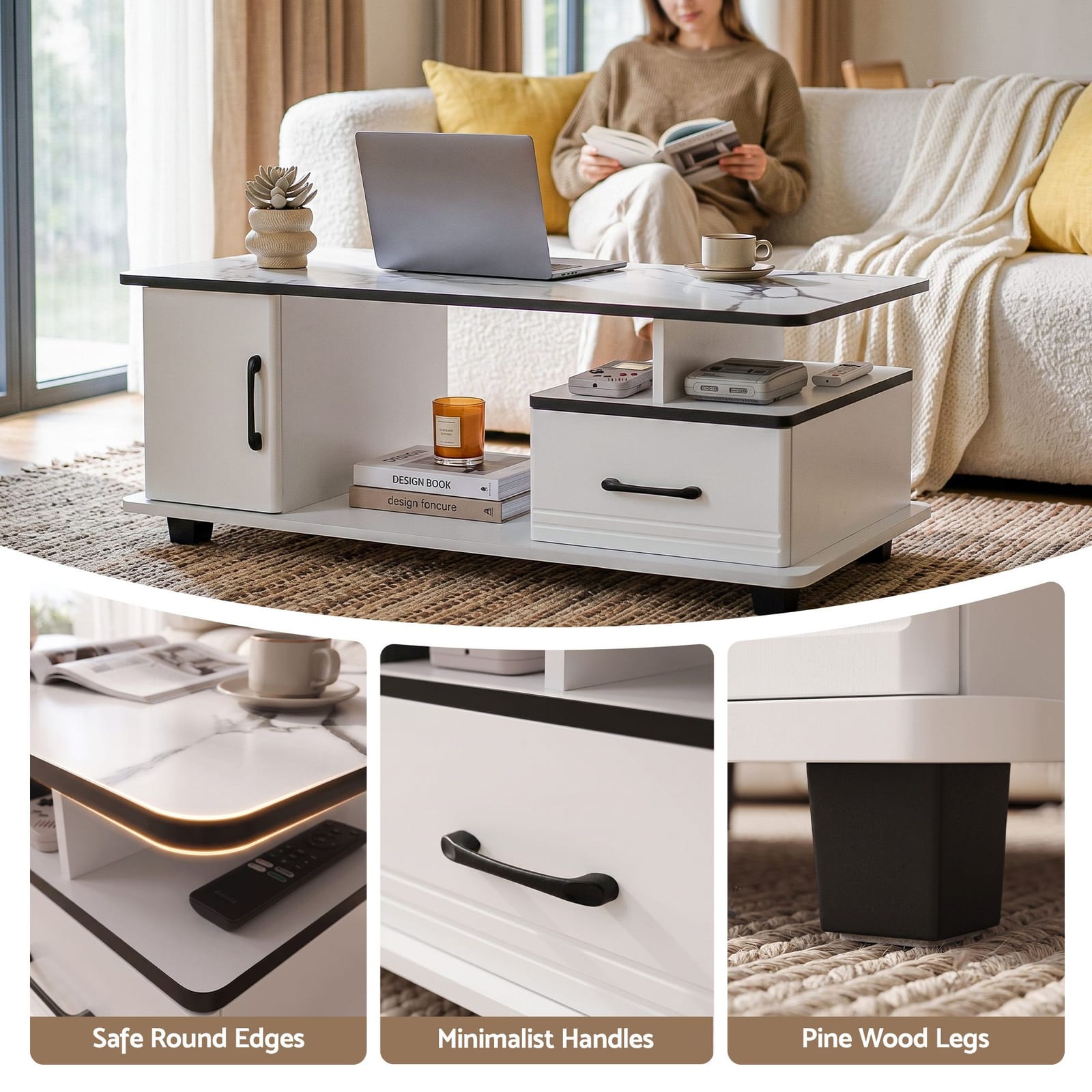 Marble Coffee Table Storage Drawer Cabinet | Simpledeals