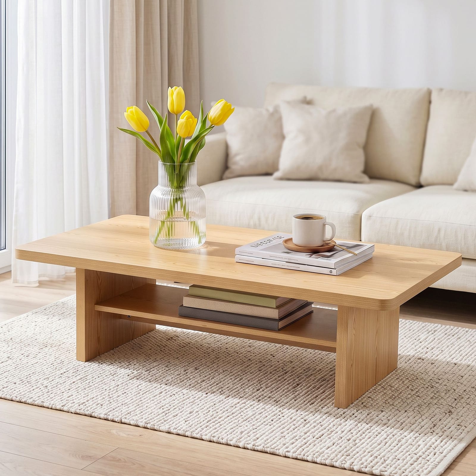 110cm Coffee Table 2-Tier Storage Shelf Pine | Simpledeals