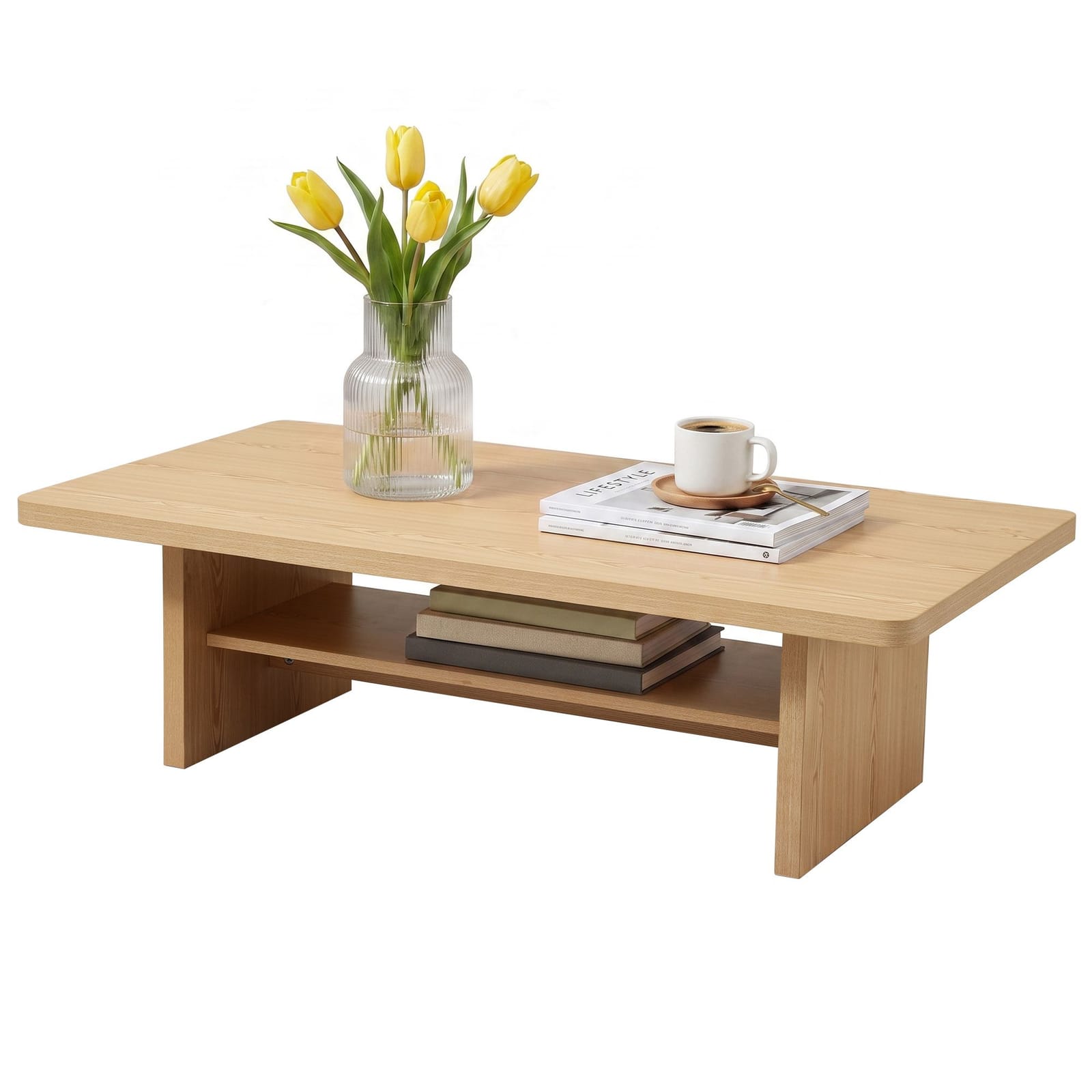 110cm Coffee Table 2-Tier Storage Shelf Pine | Simpledeals