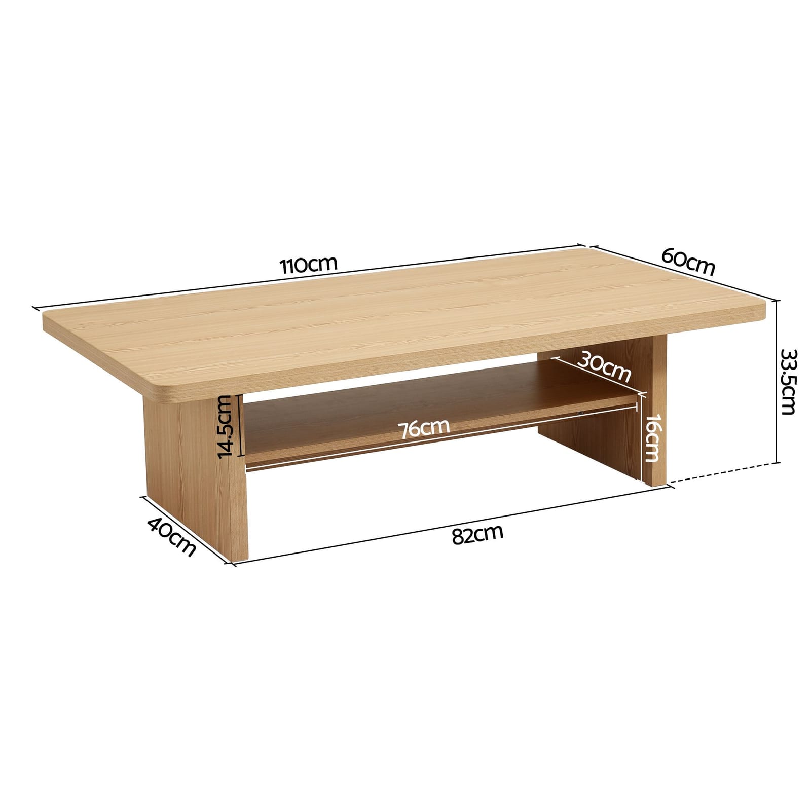 110cm Coffee Table 2-Tier Storage Shelf Pine | Simpledeals