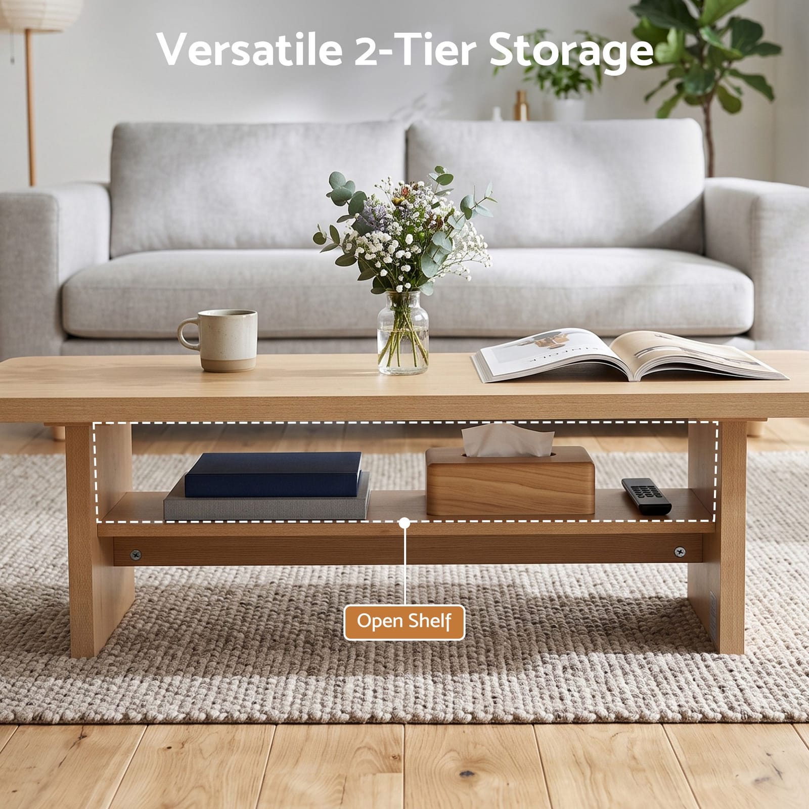 110cm Coffee Table 2-Tier Storage Shelf Pine | Simpledeals