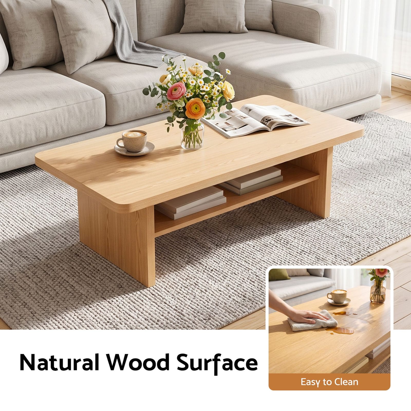 110cm Coffee Table 2-Tier Storage Shelf Pine | Simpledeals