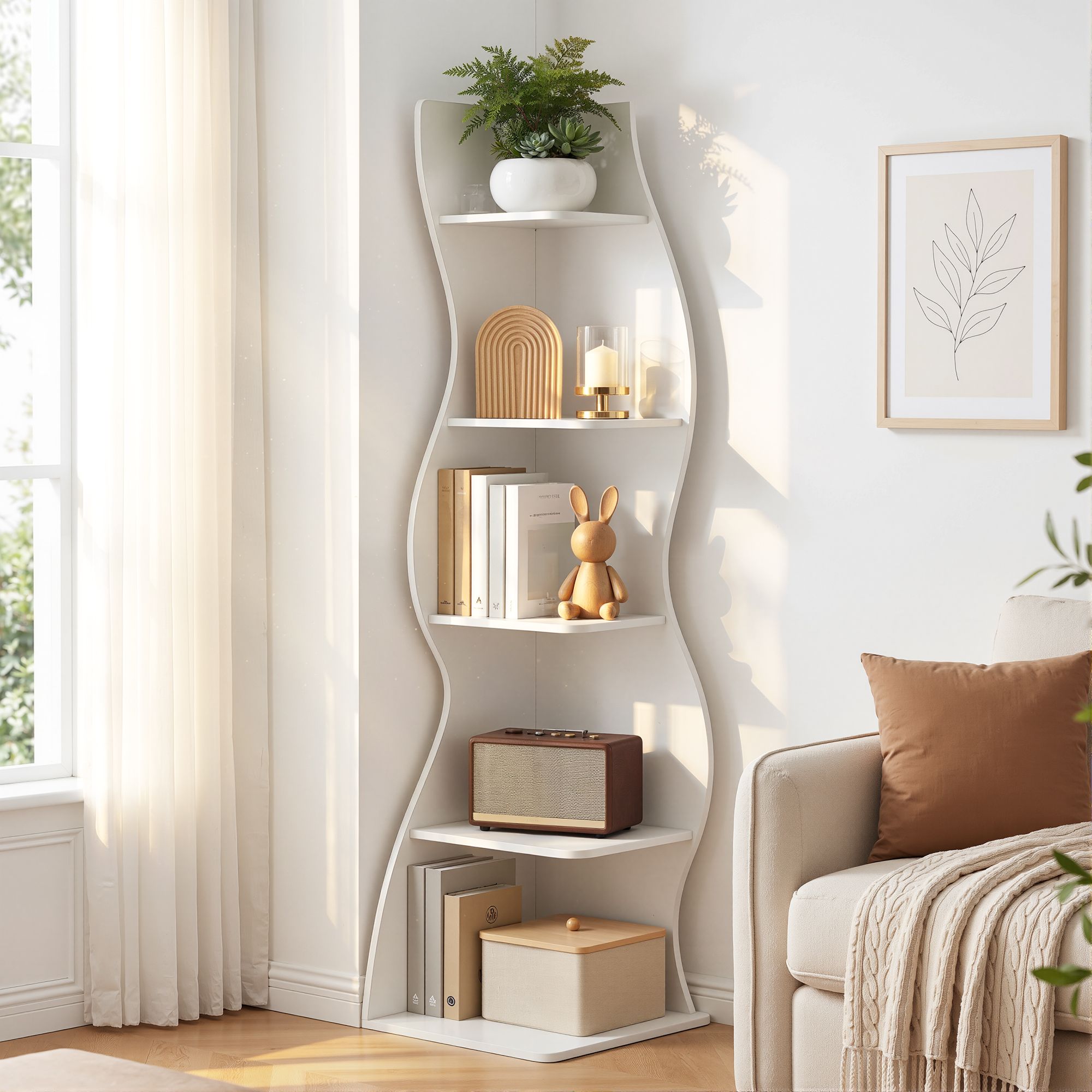 5-Tier Corner Bookshelf S-Shaped White Rack | Simpledeals